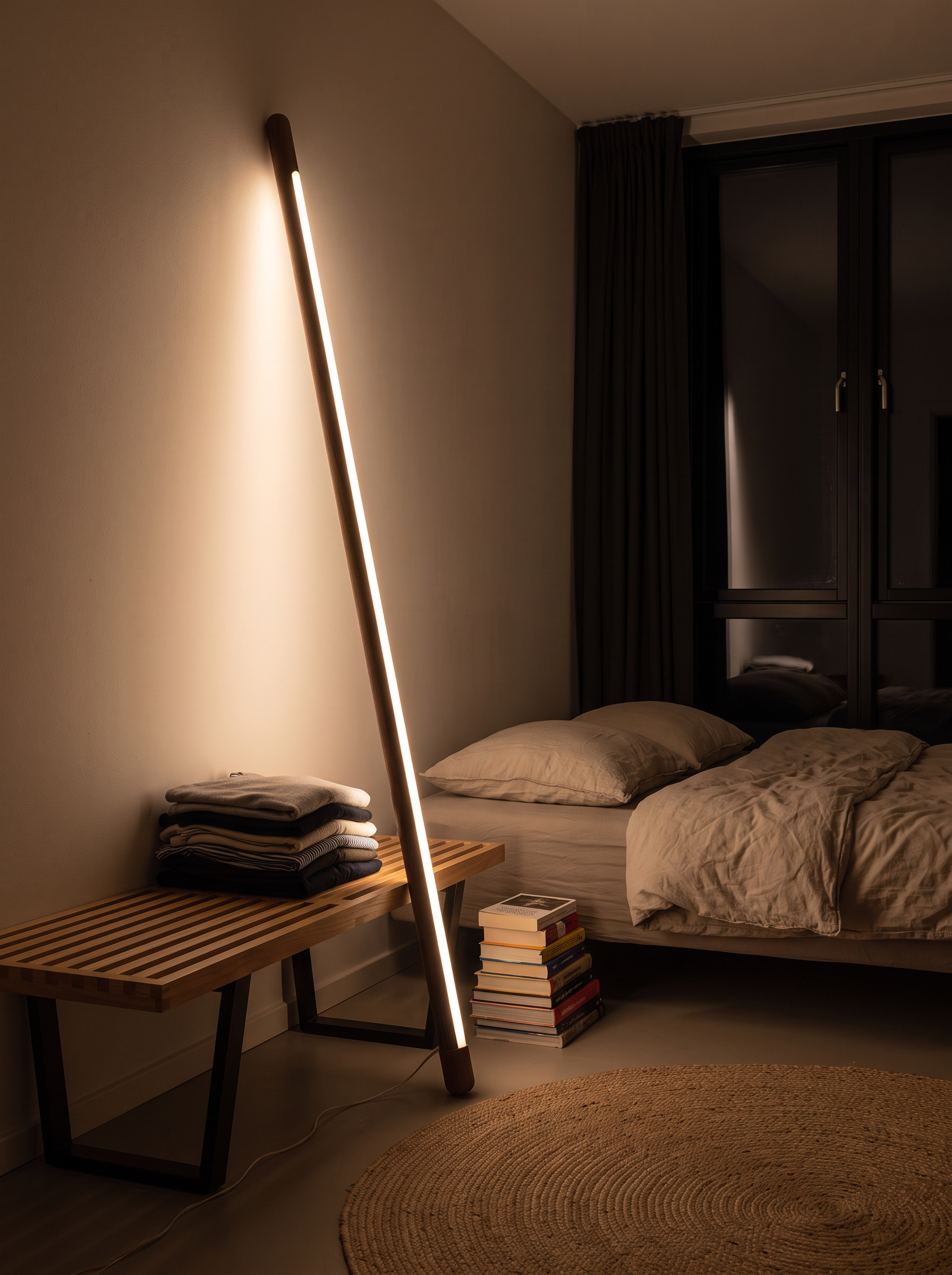 Stilbe slim wood LED lamp lighting a bedroom at night