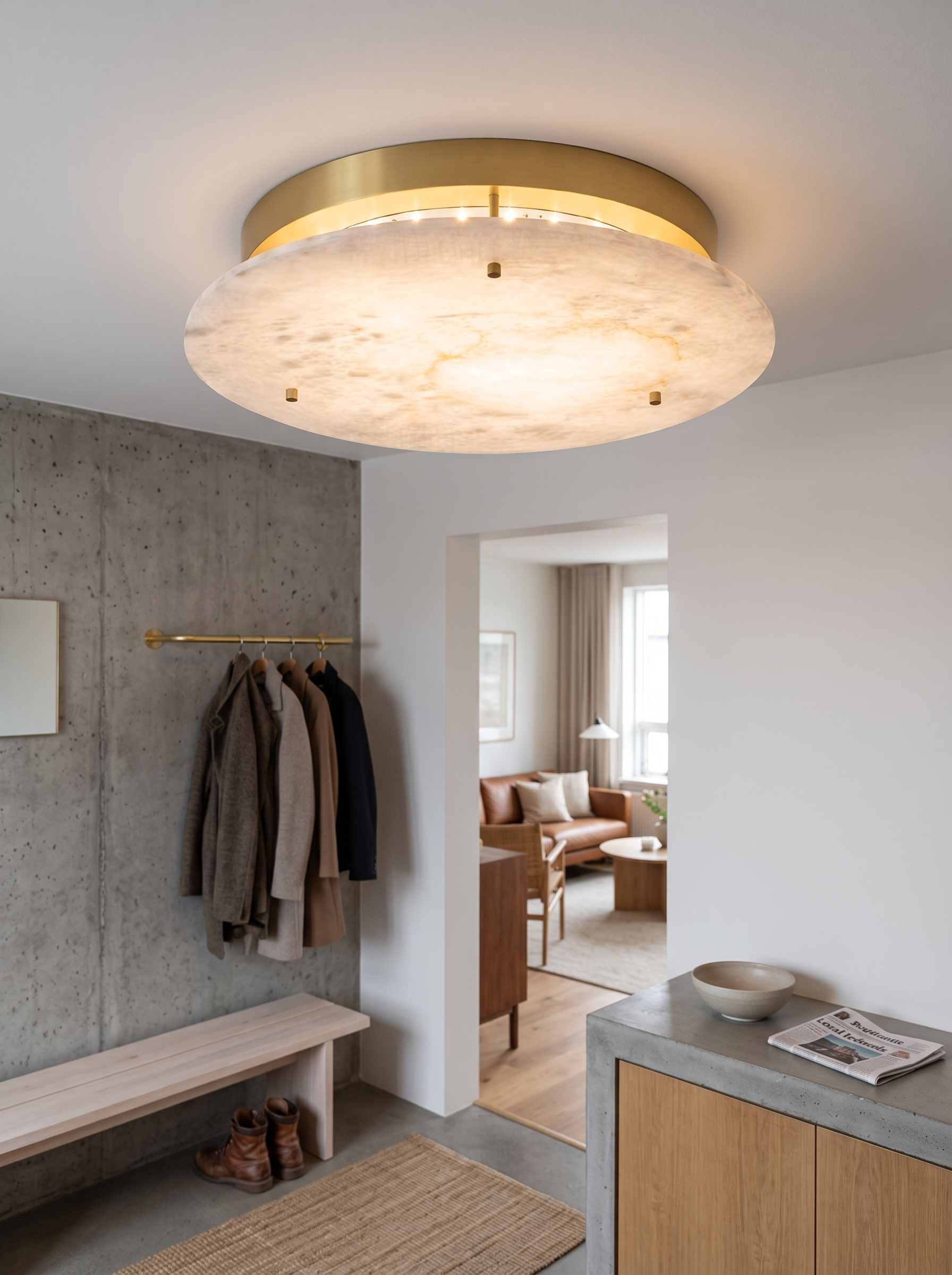 Aithousa alabaster disc ceiling lamp, close view of the stone disc and brass