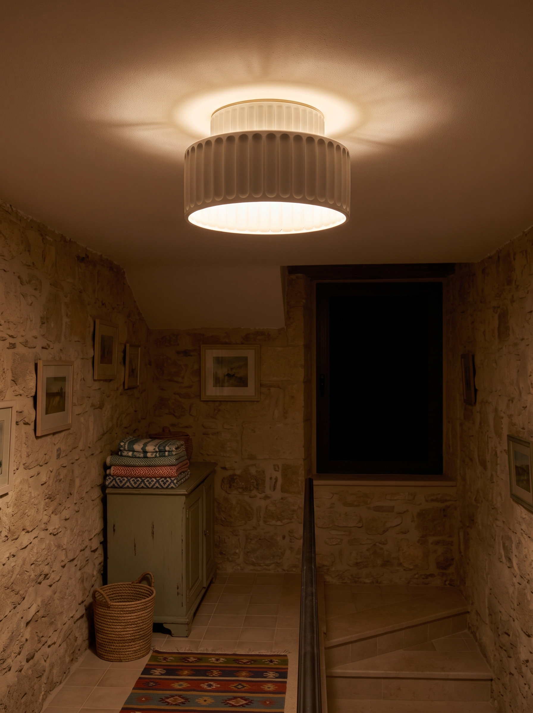 Rhode pleated resin ceiling lamp lighting a landing at night