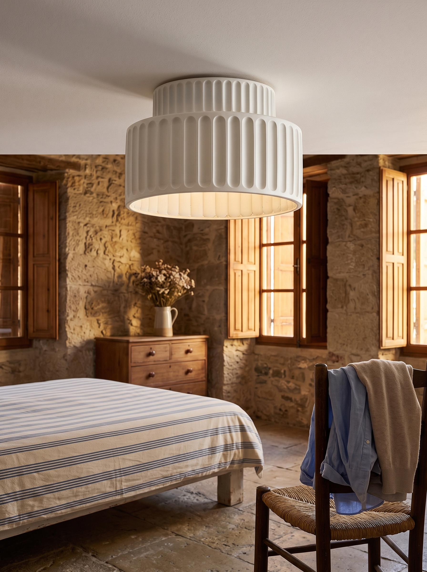Rhode pleated resin ceiling lamp, close view of the pleats and white rim