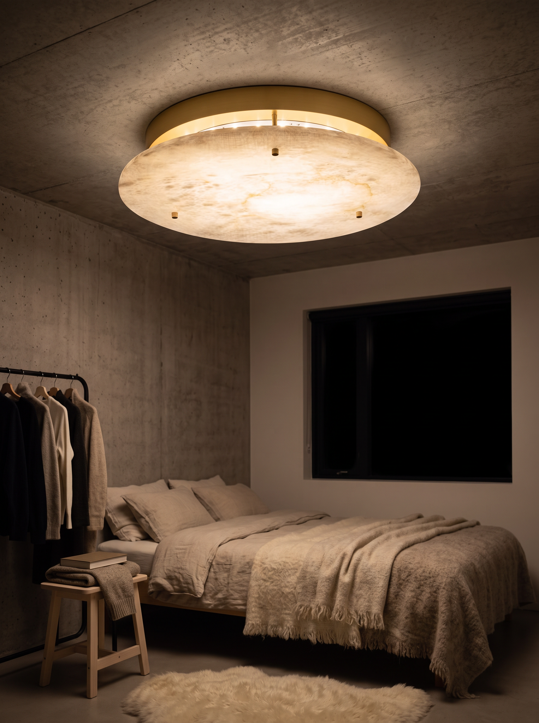Aithousa alabaster disc ceiling lamp lighting a bedroom at night