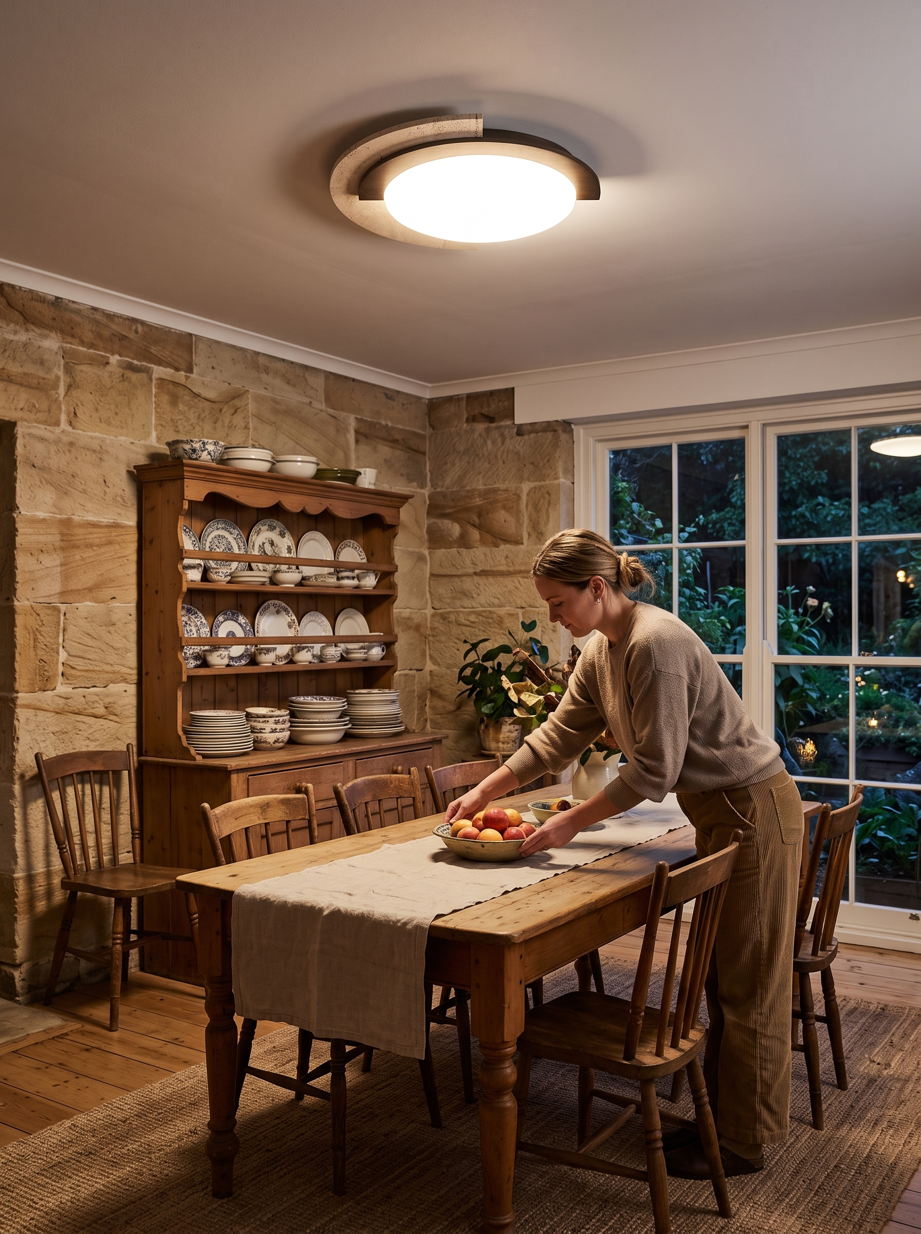 Hemera travertine and walnut ceiling lamp in a furnished dining room