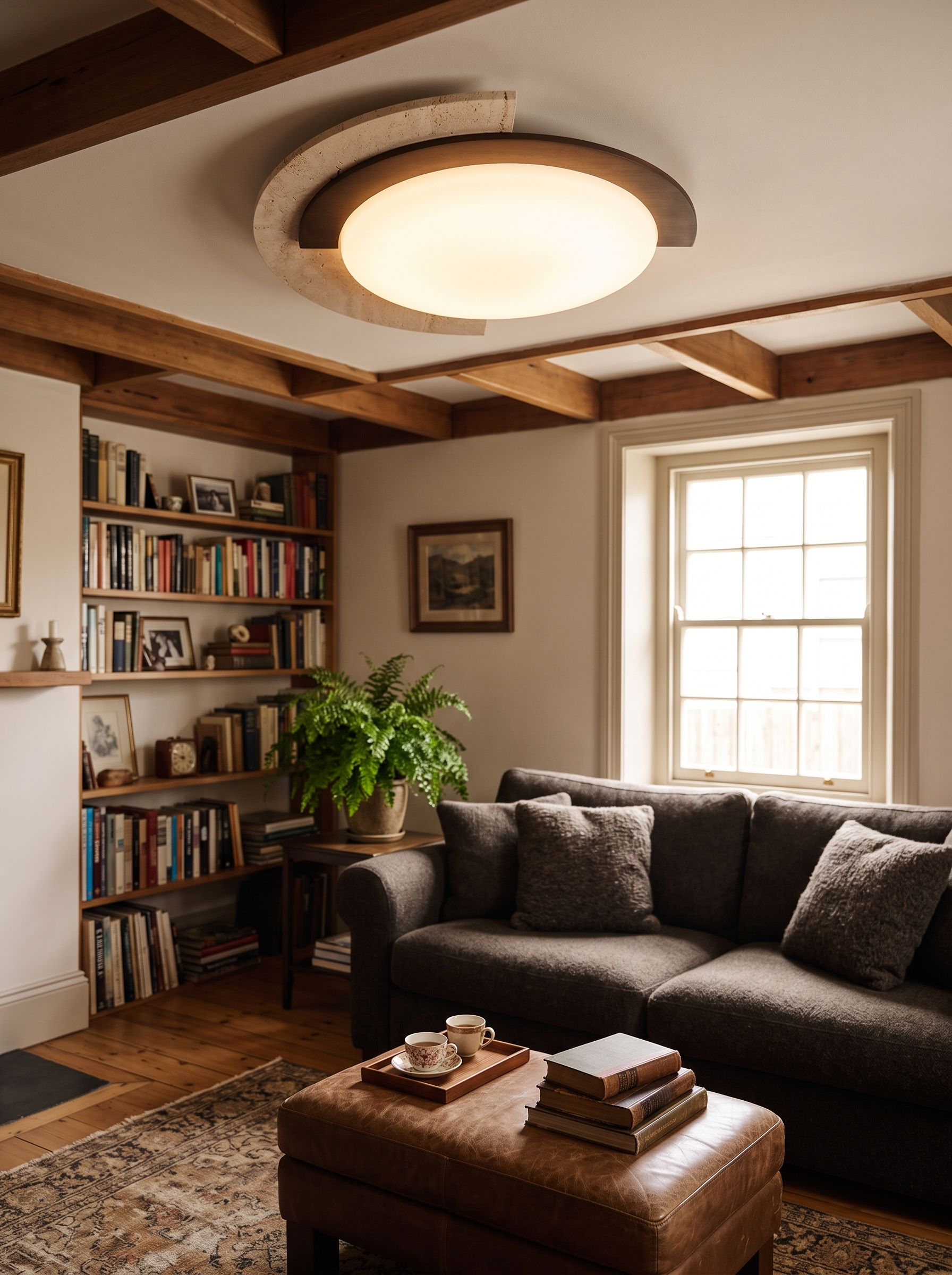 Hemera travertine and walnut ceiling lamp, close view of the stone and wood