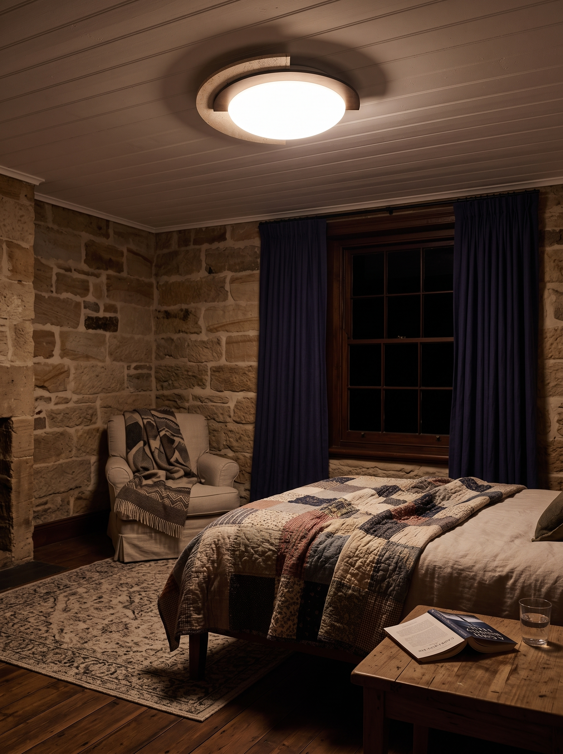 Hemera travertine and walnut ceiling lamp lighting a bedroom at night