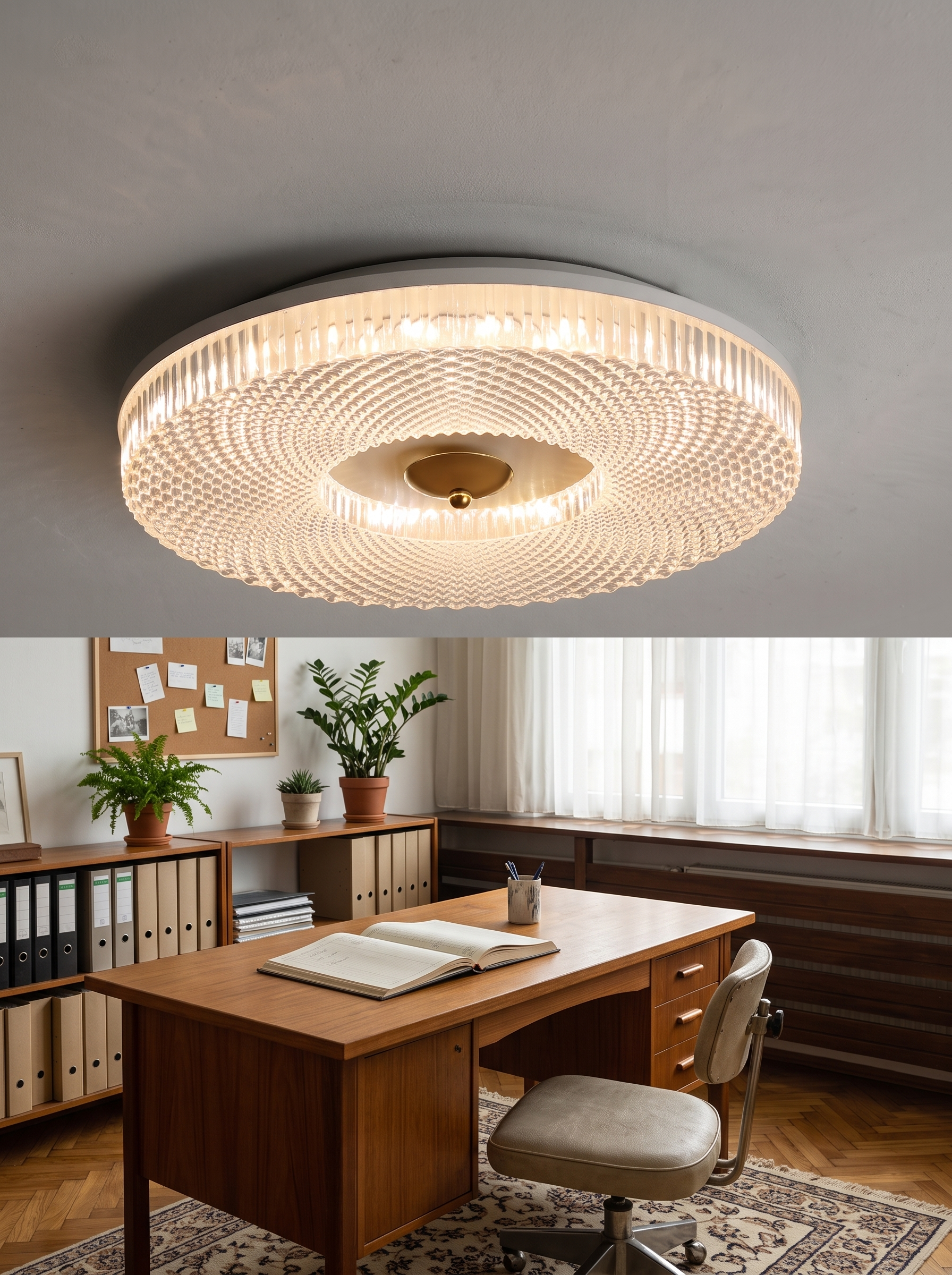 Lampetia LED flush mount ceiling light, close view of the body and white panel