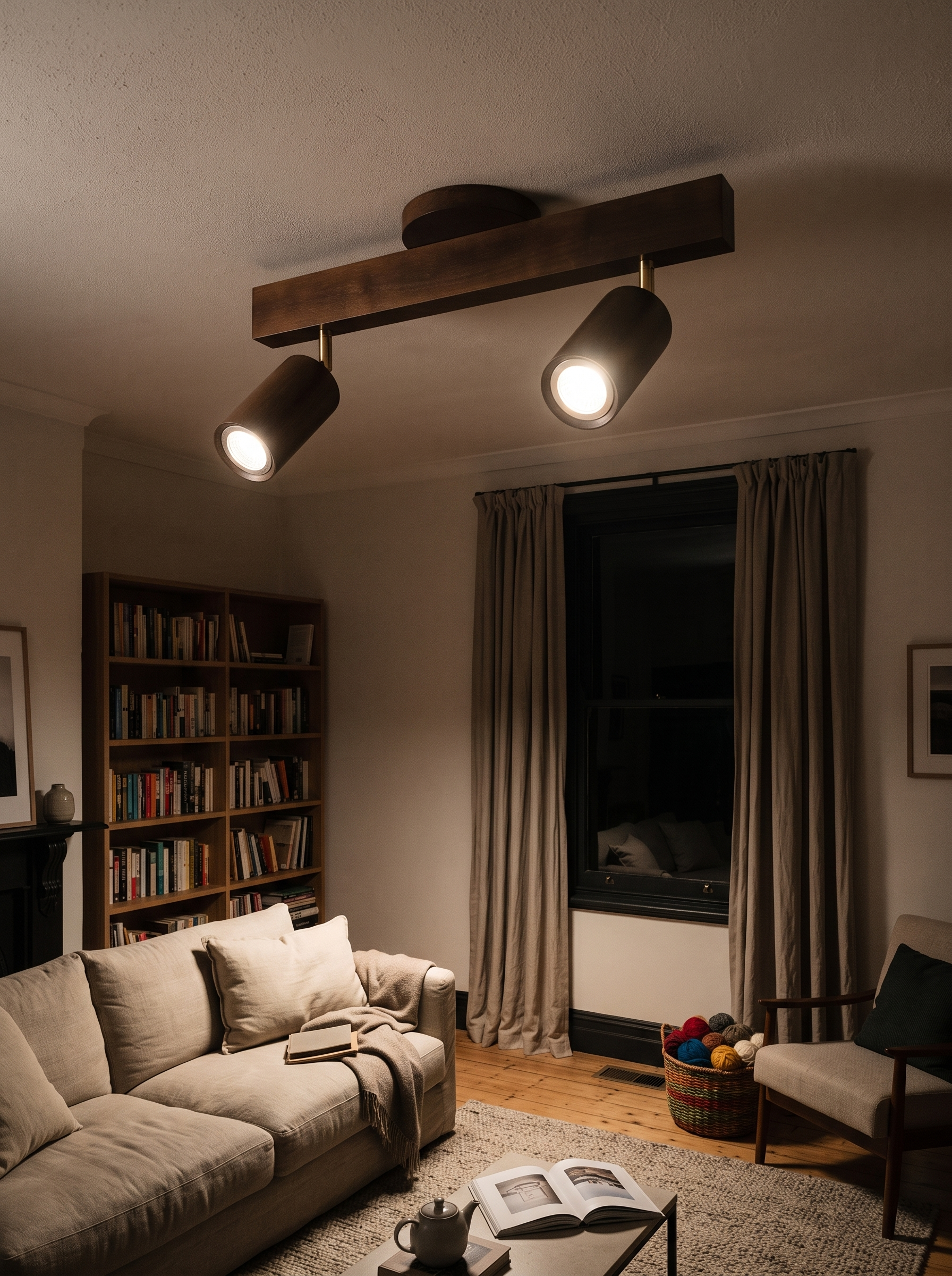 Philyra wood rail track lighting in a living room at night