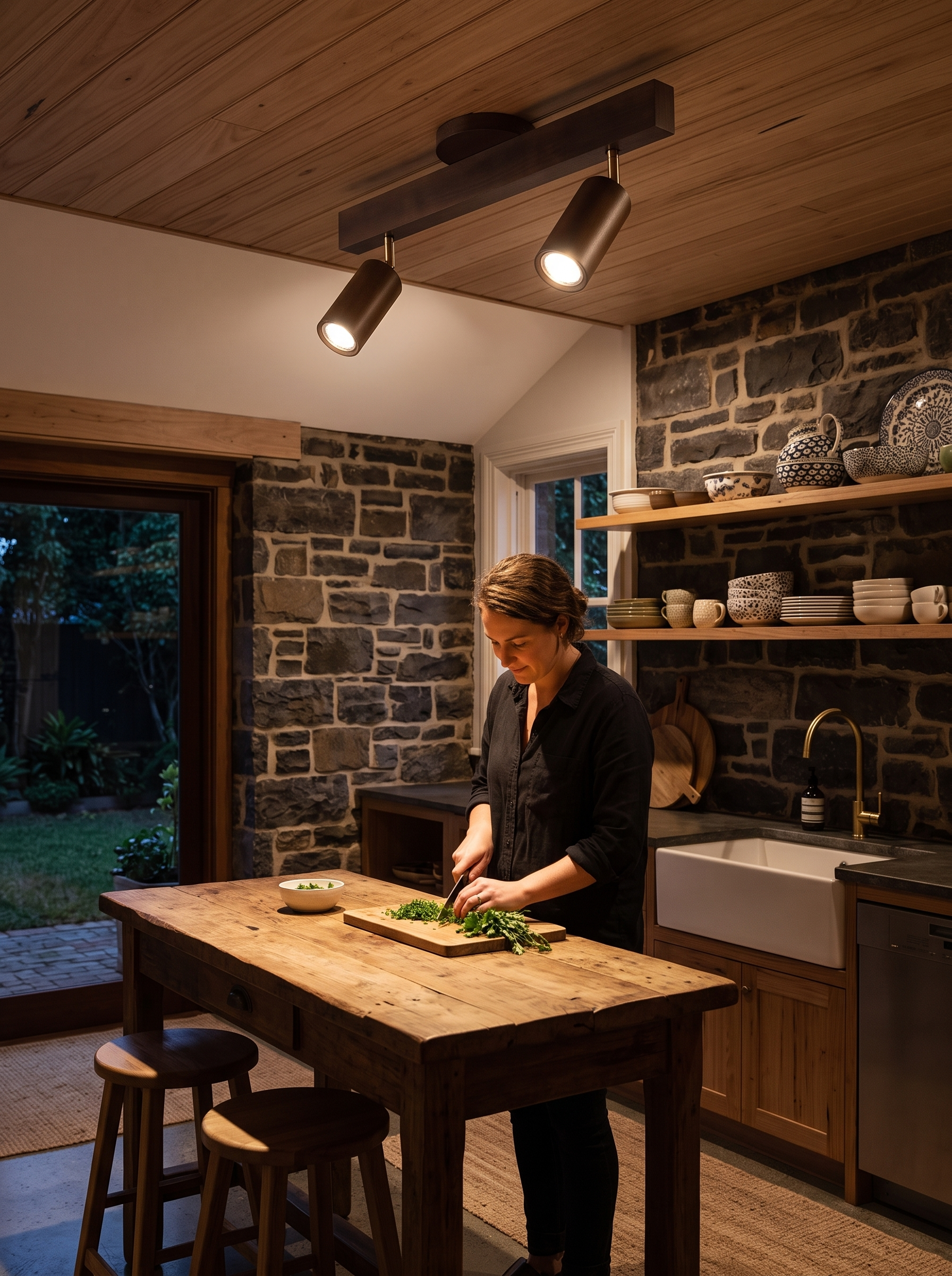 Philyra wood rail track lighting in a furnished kitchen