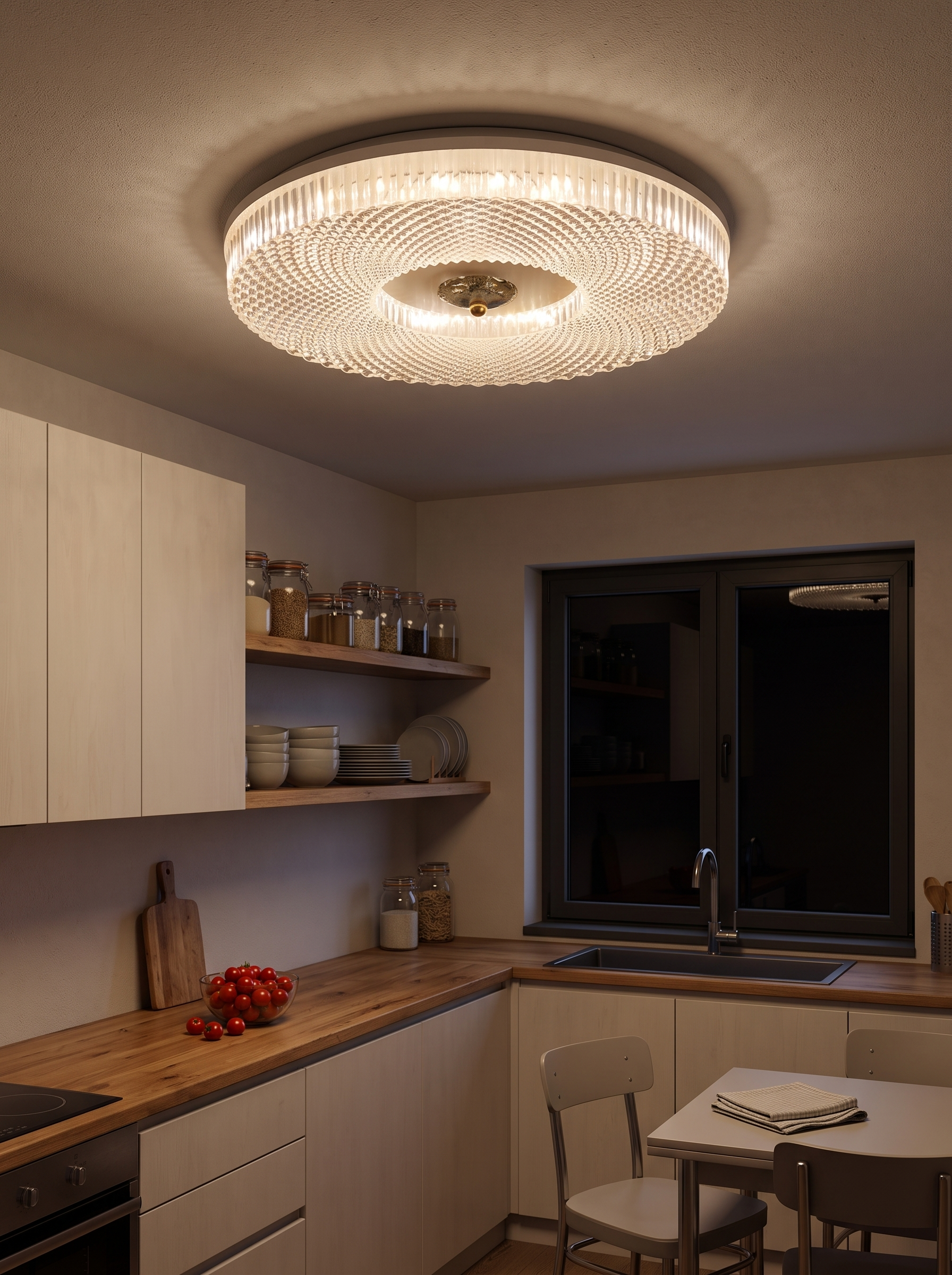Lampetia LED flush mount ceiling light lighting a kitchen at night