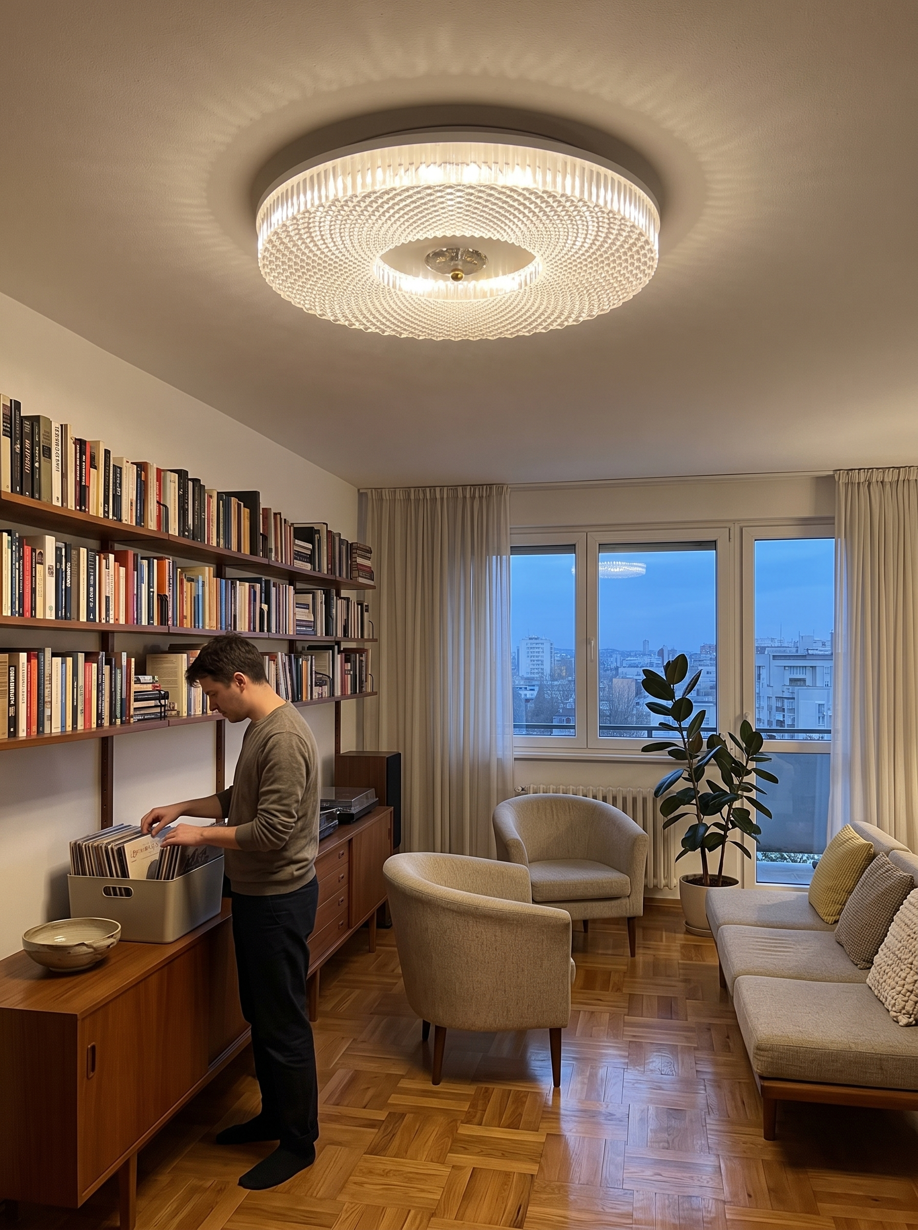 Lampetia LED flush mount ceiling light in a furnished living room