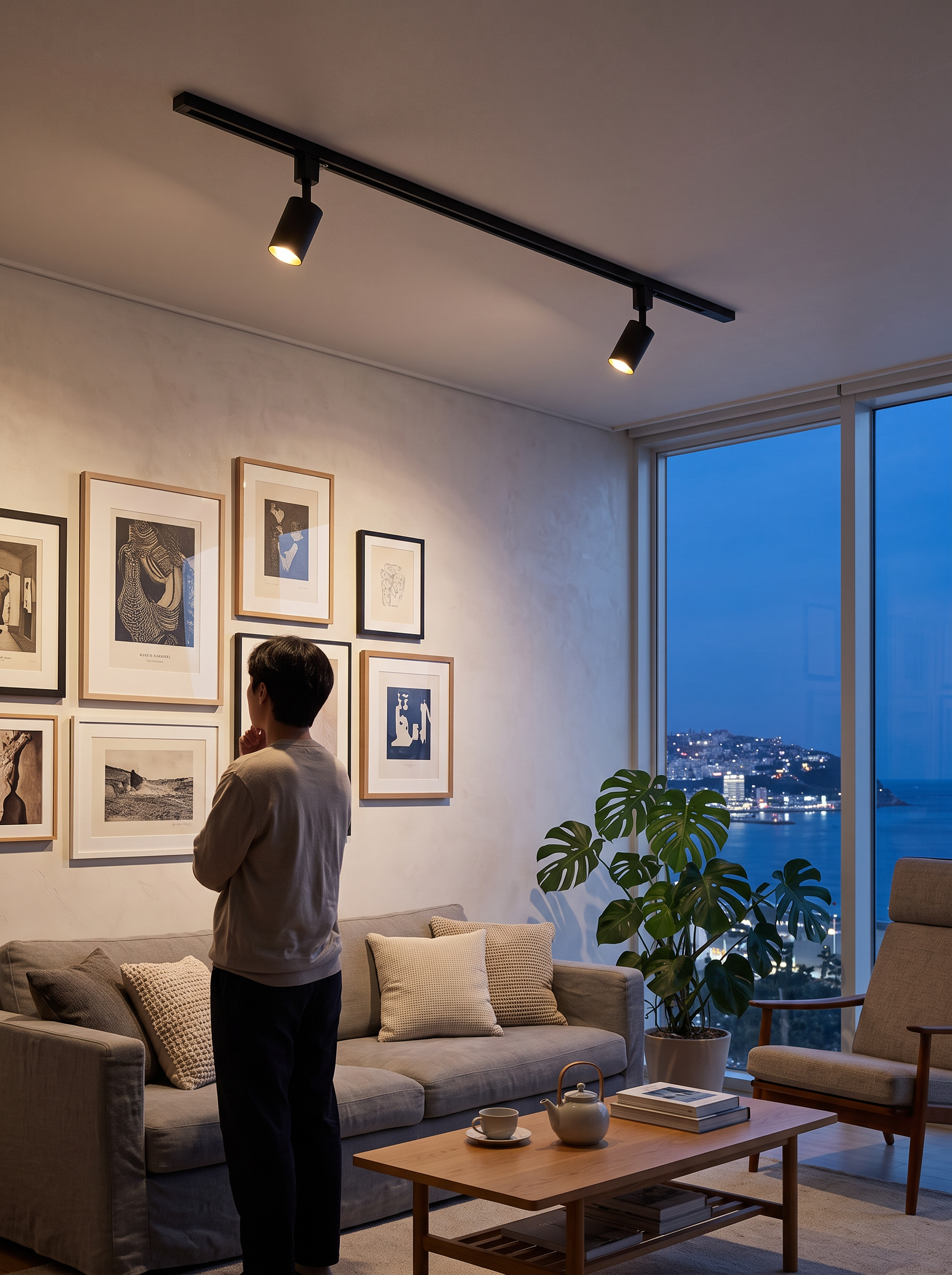 Telamon cylinder track light in a furnished living room