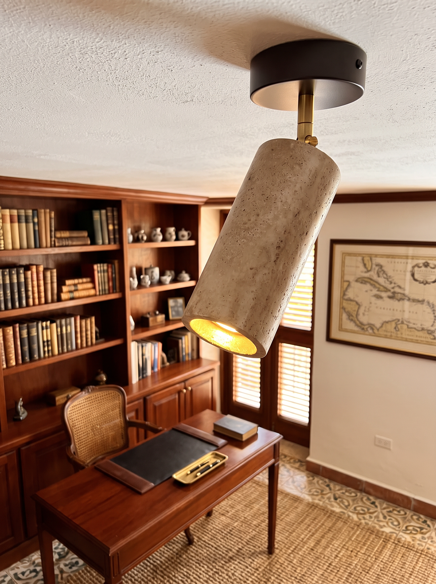 Perseis travertine stone spotlight, close view of the stone and wood mount