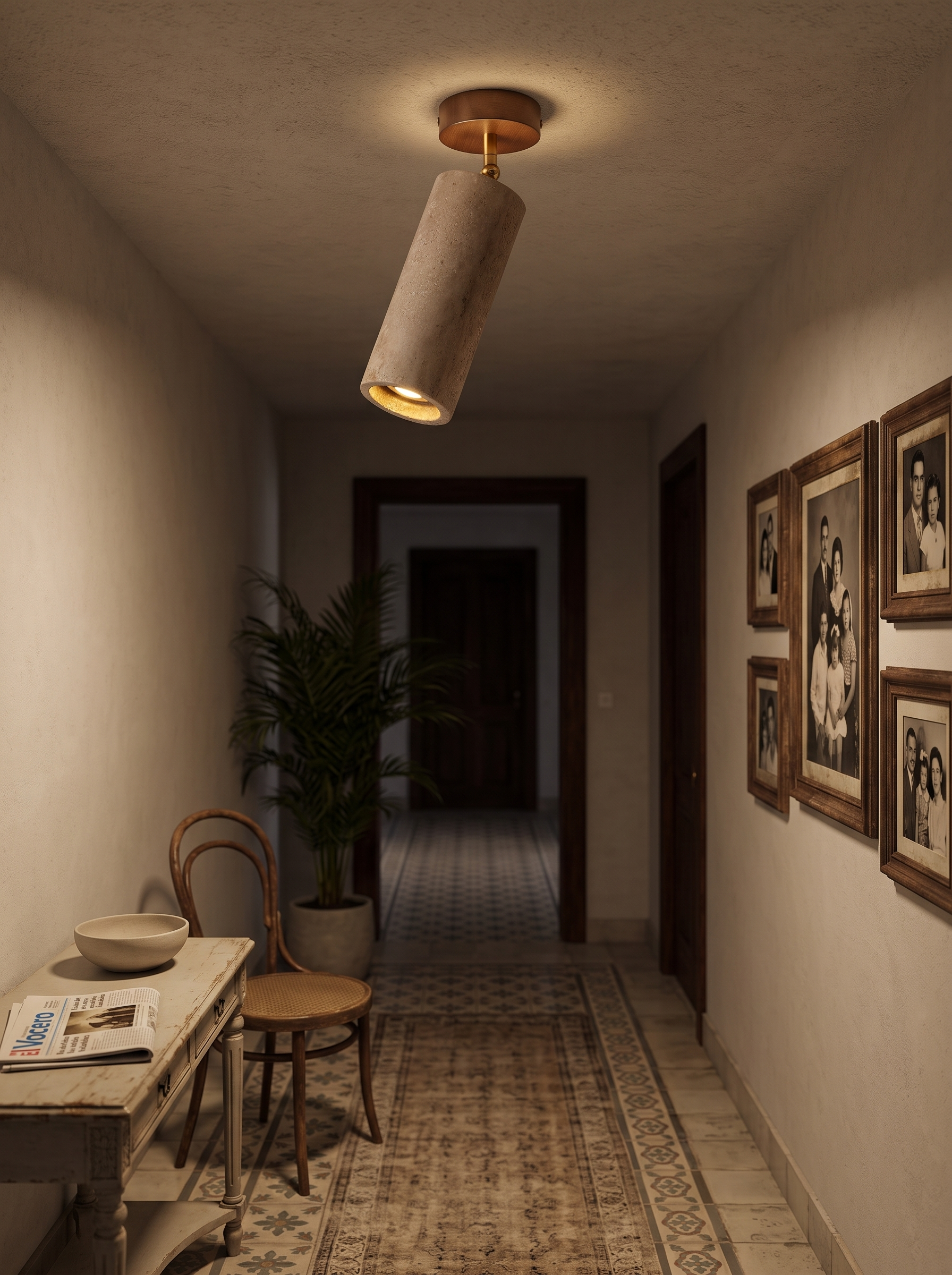 Perseis travertine stone spotlight lighting a hallway at night