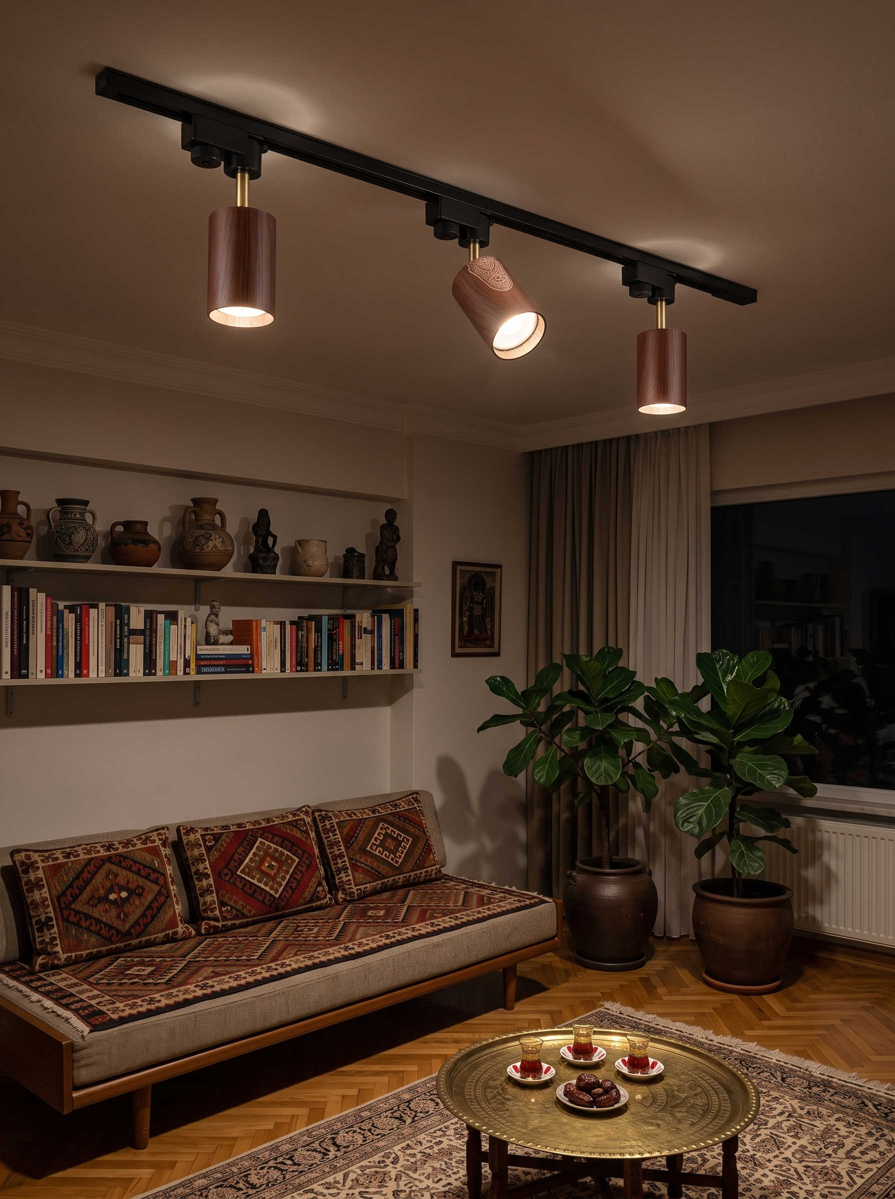 Alkaios walnut grain track light in a living room at night