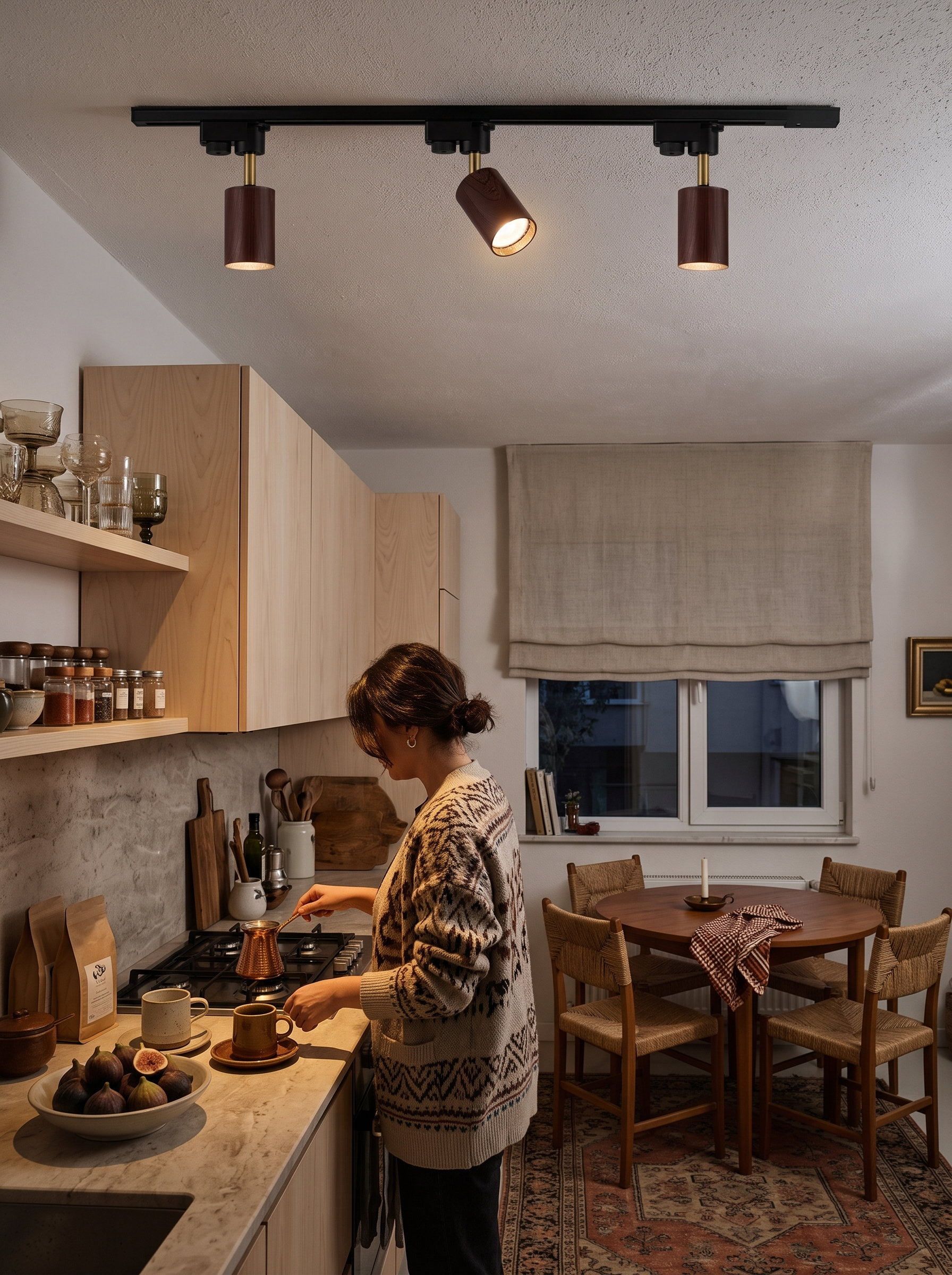 Alkaios walnut grain track light in a furnished kitchen