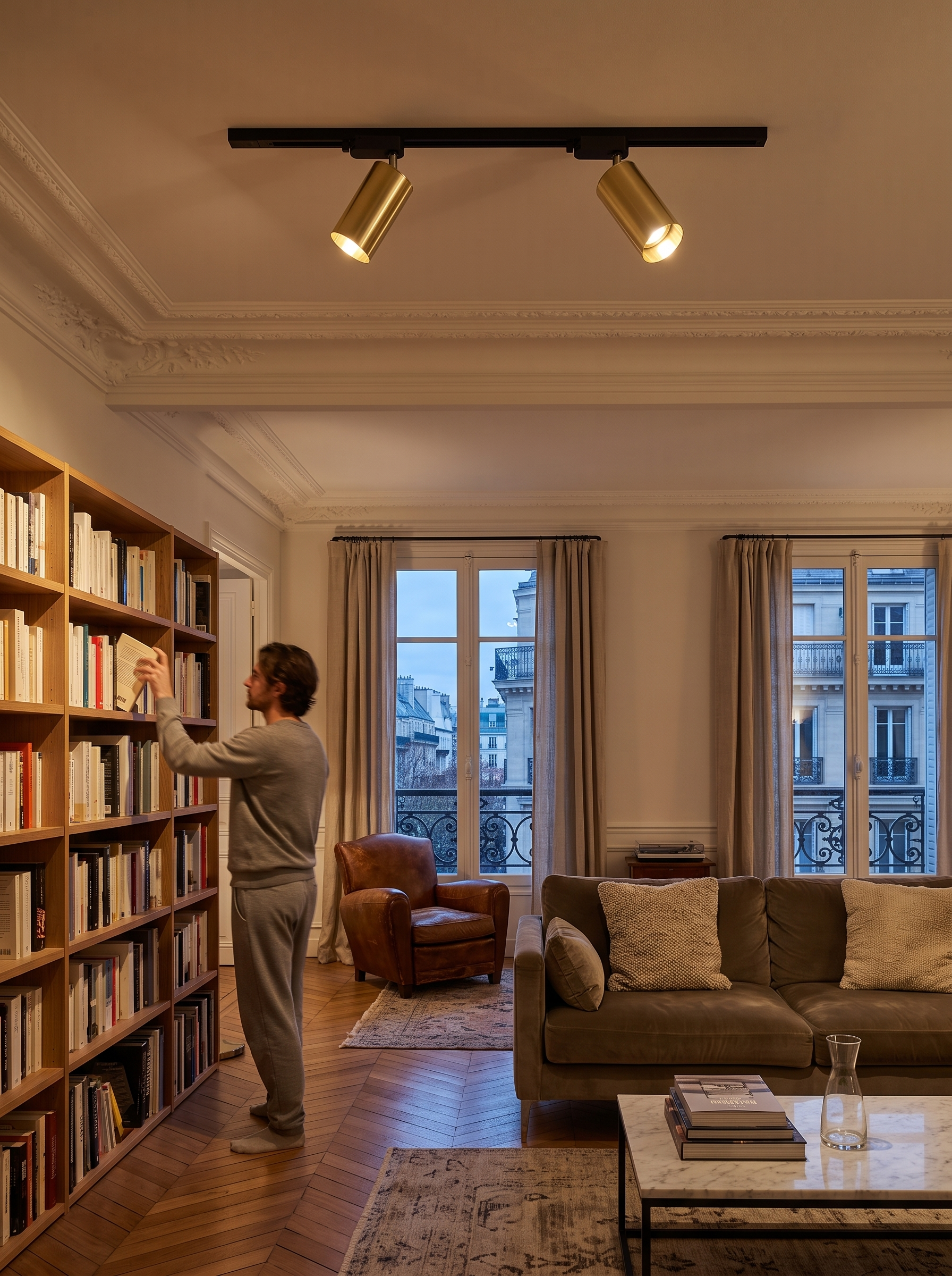 Chrysaor gilded rail track light in a furnished living room