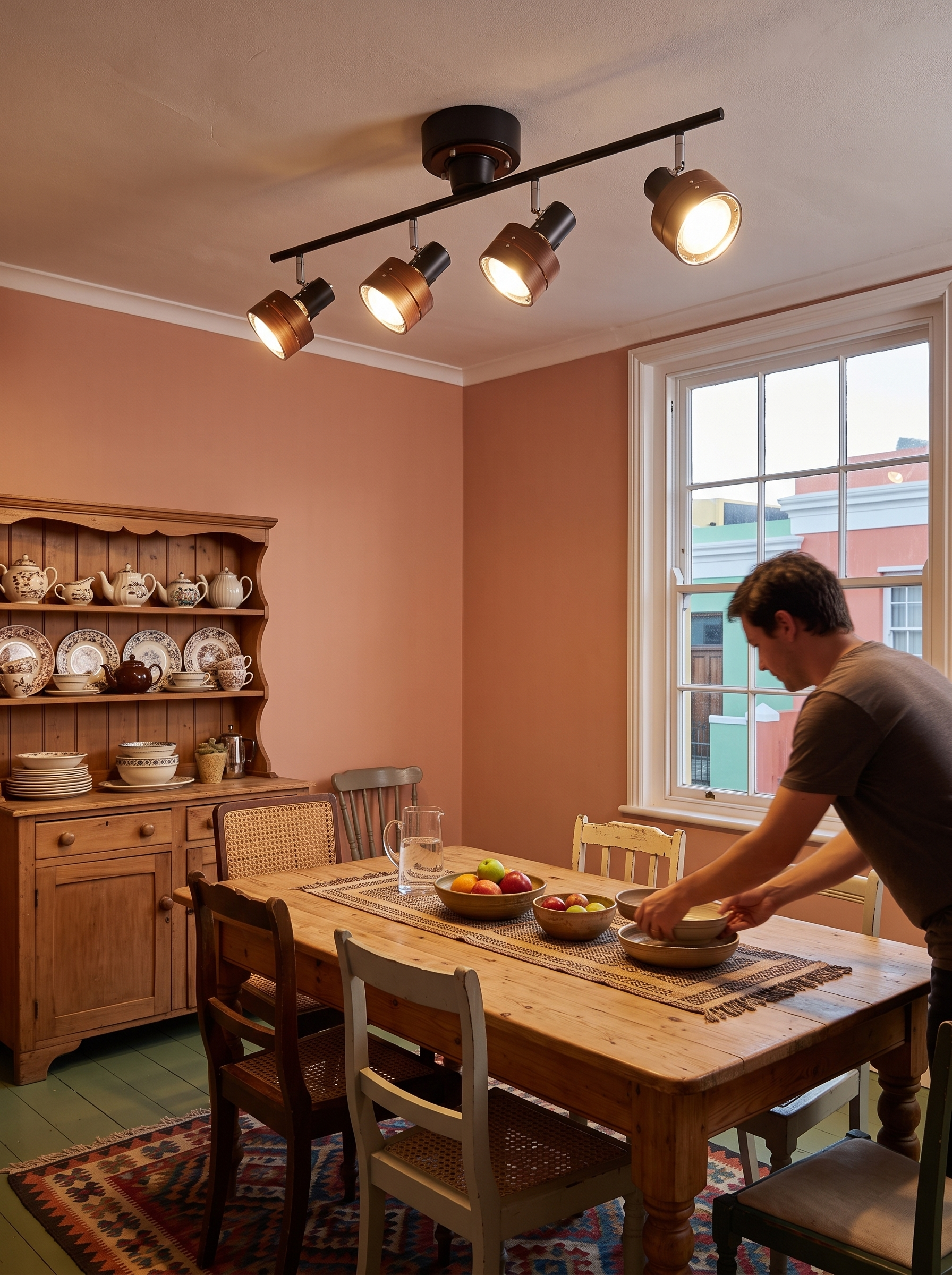 Iphitos wood head track lighting in a furnished dining room