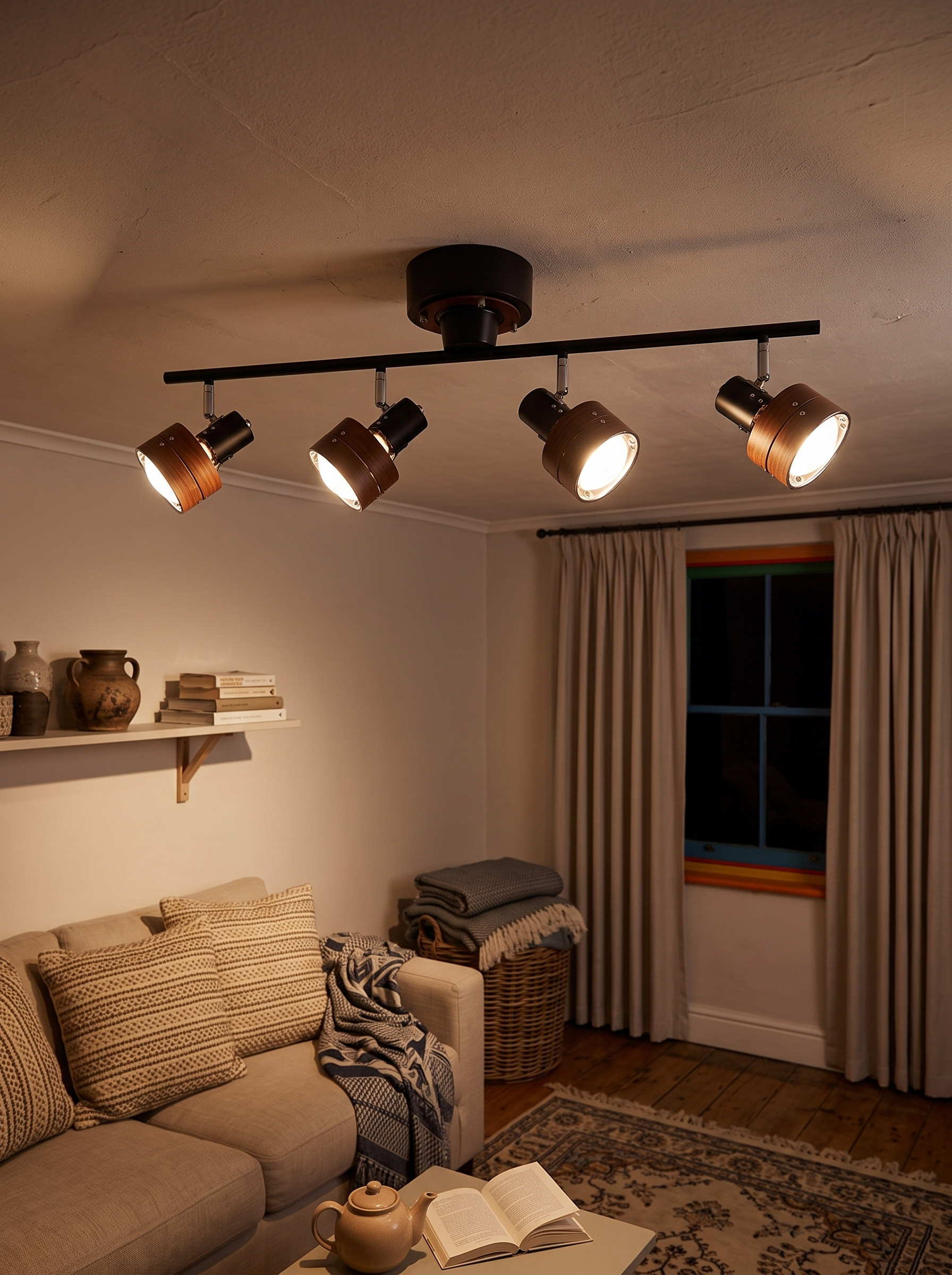 Iphitos wood head track lighting in a living room at night