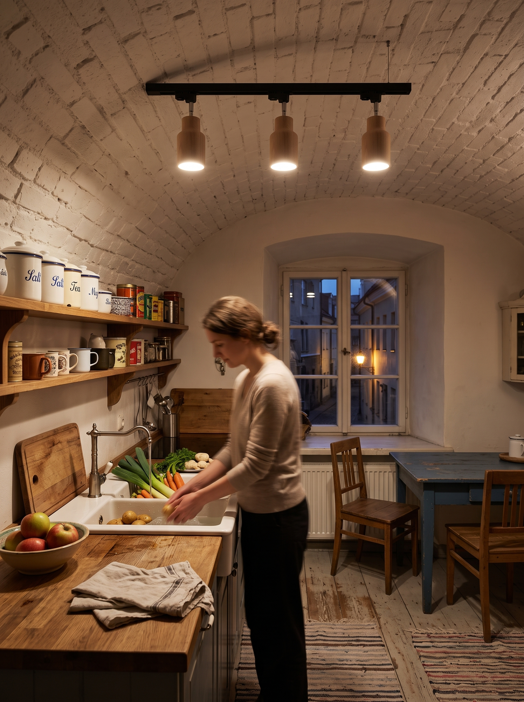 Aristaios wood and steel track lighting in a furnished kitchen