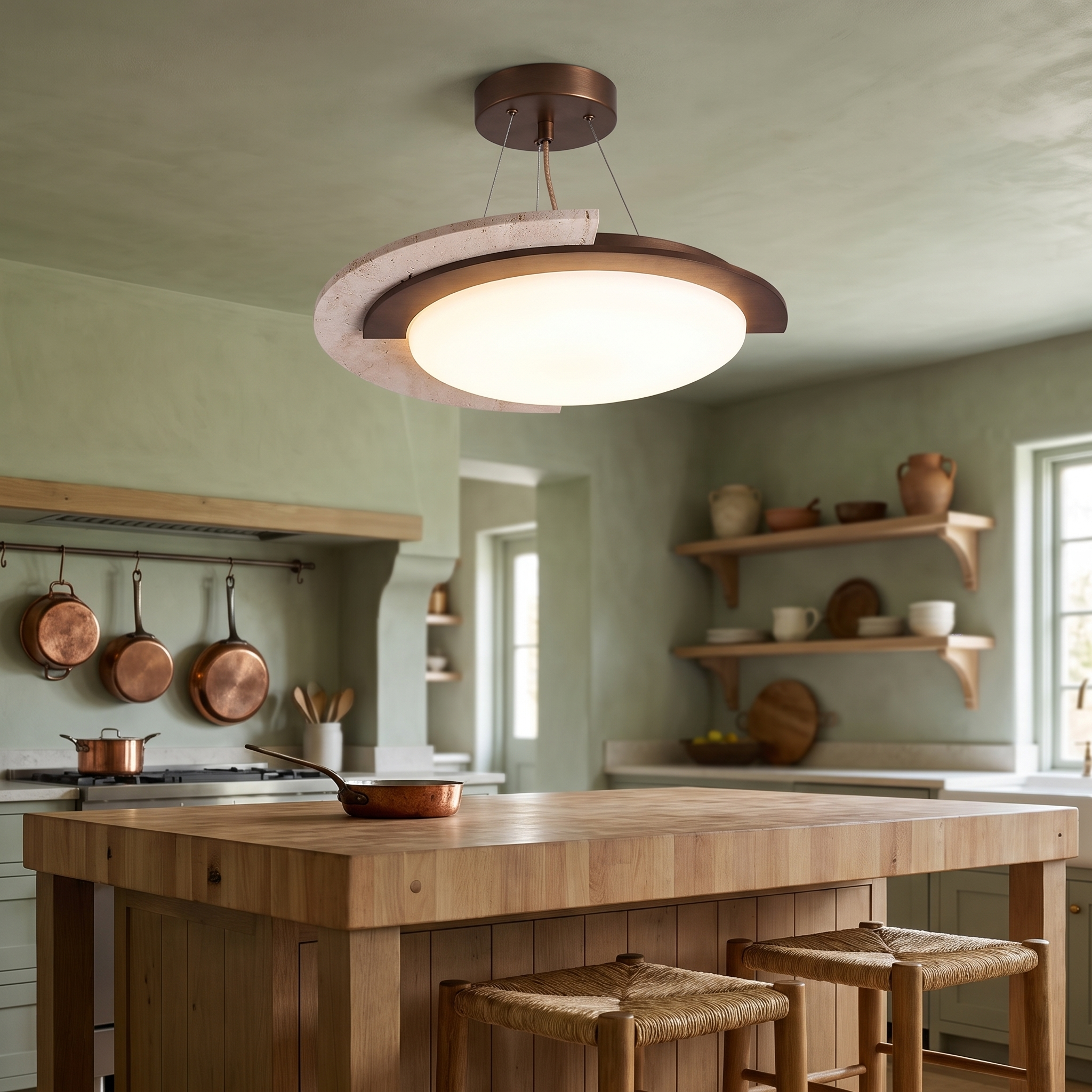 Hemera - Travertine and Walnut Ceiling Lamp