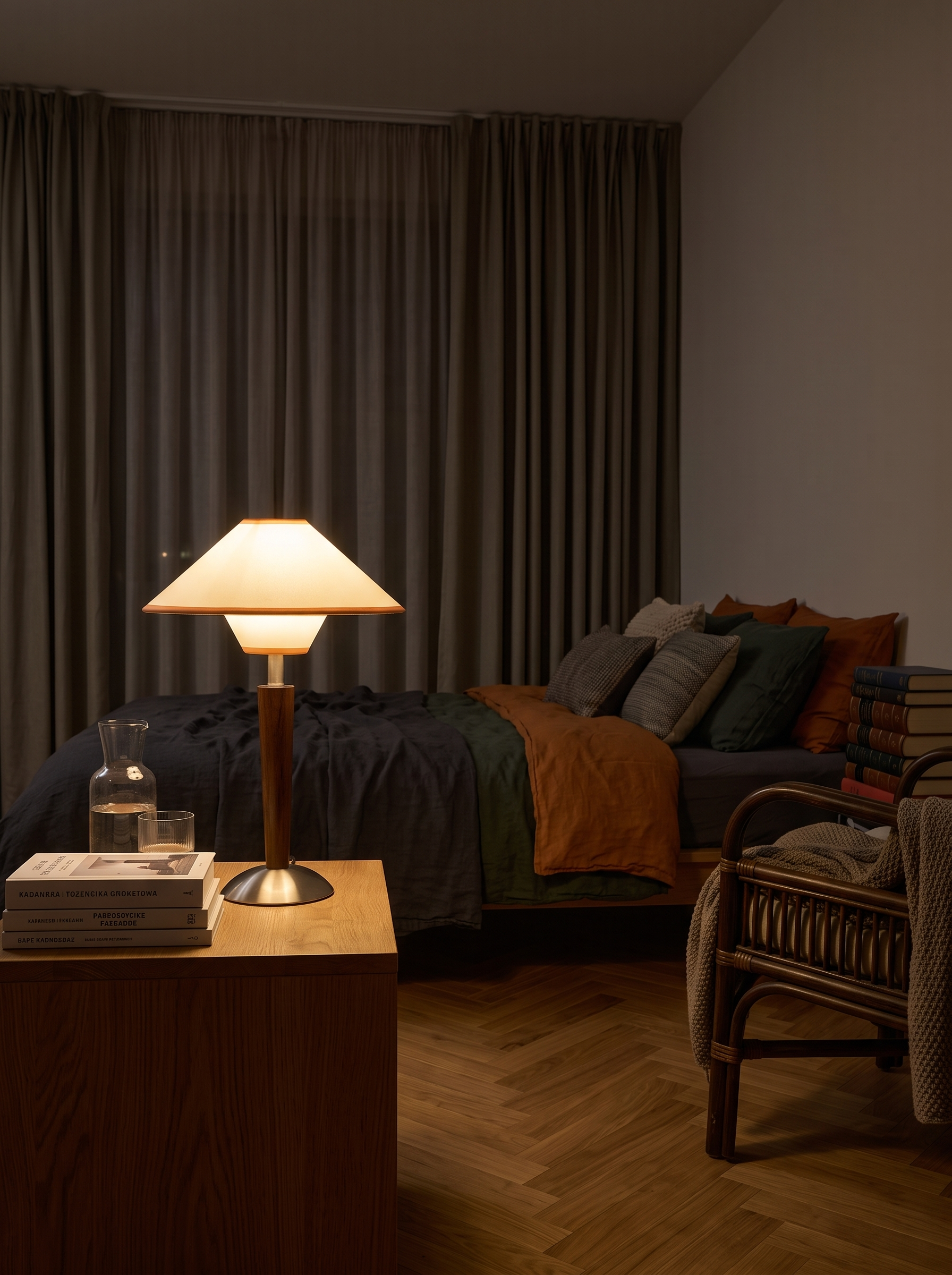 Dryope wood and fabric table lamp as the only light in a bedroom at night