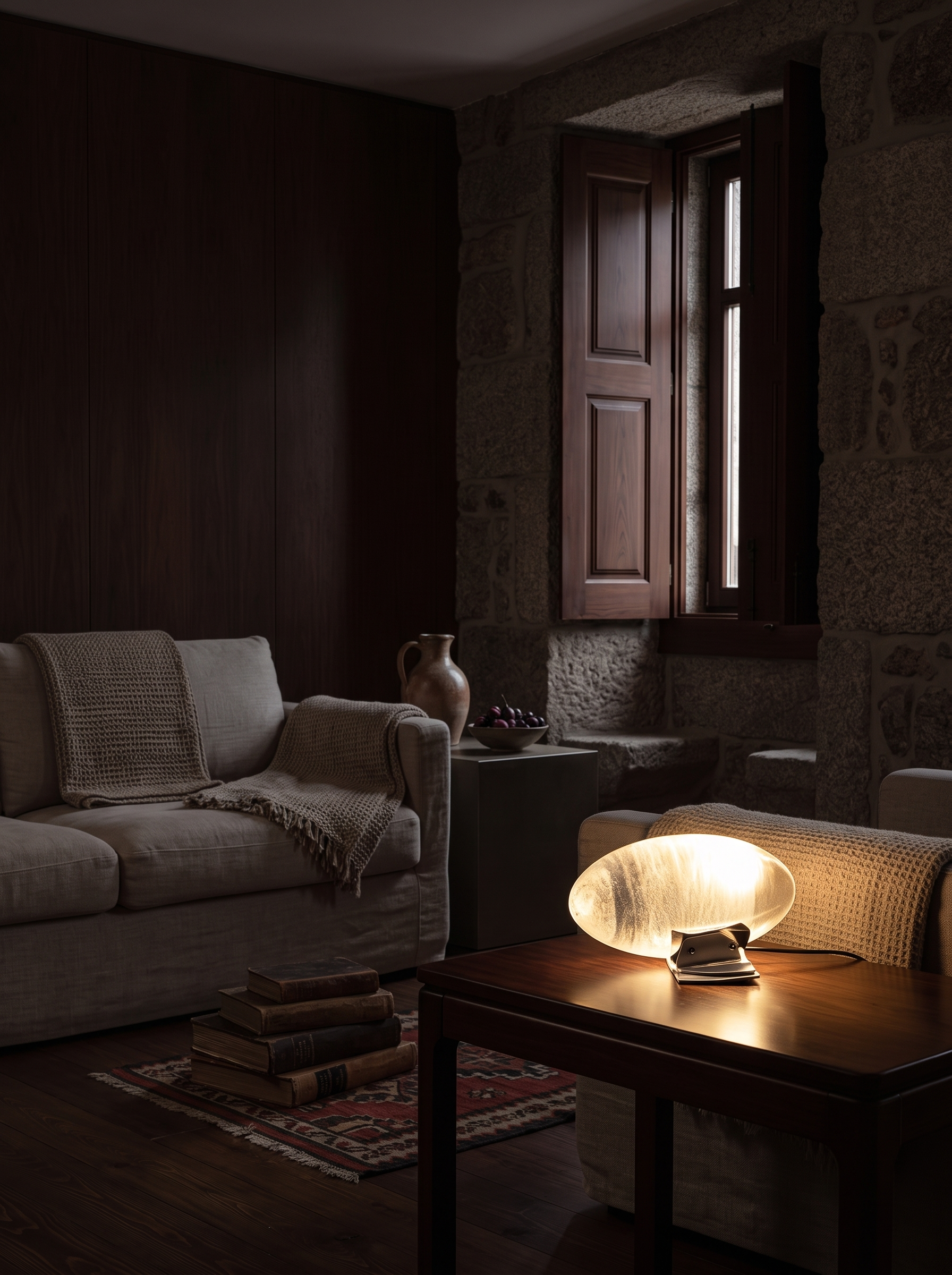 Lithea crystal glass oval table lamp glowing at night in a dark sitting room