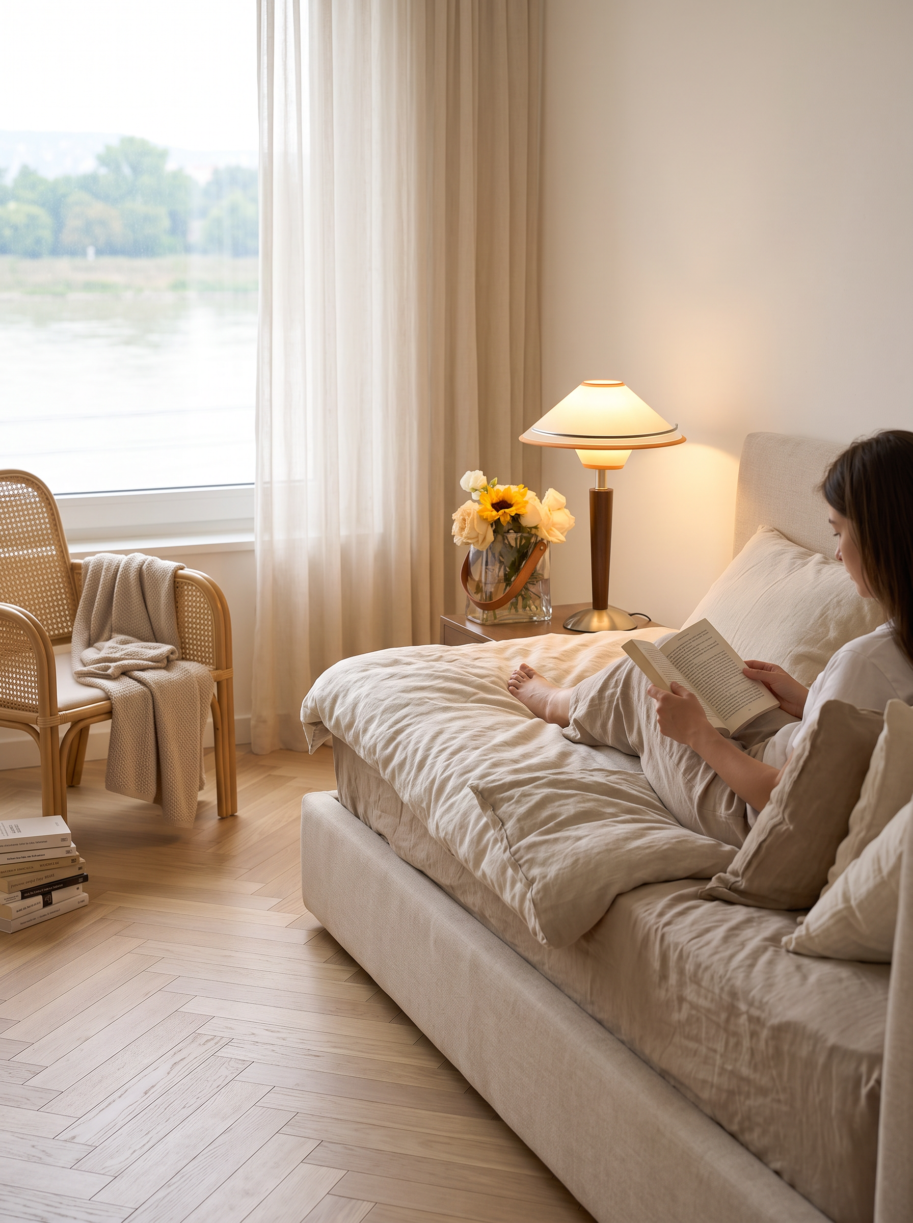Dryope wood and fabric table lamp lit on a bedside table in a furnished bedroom