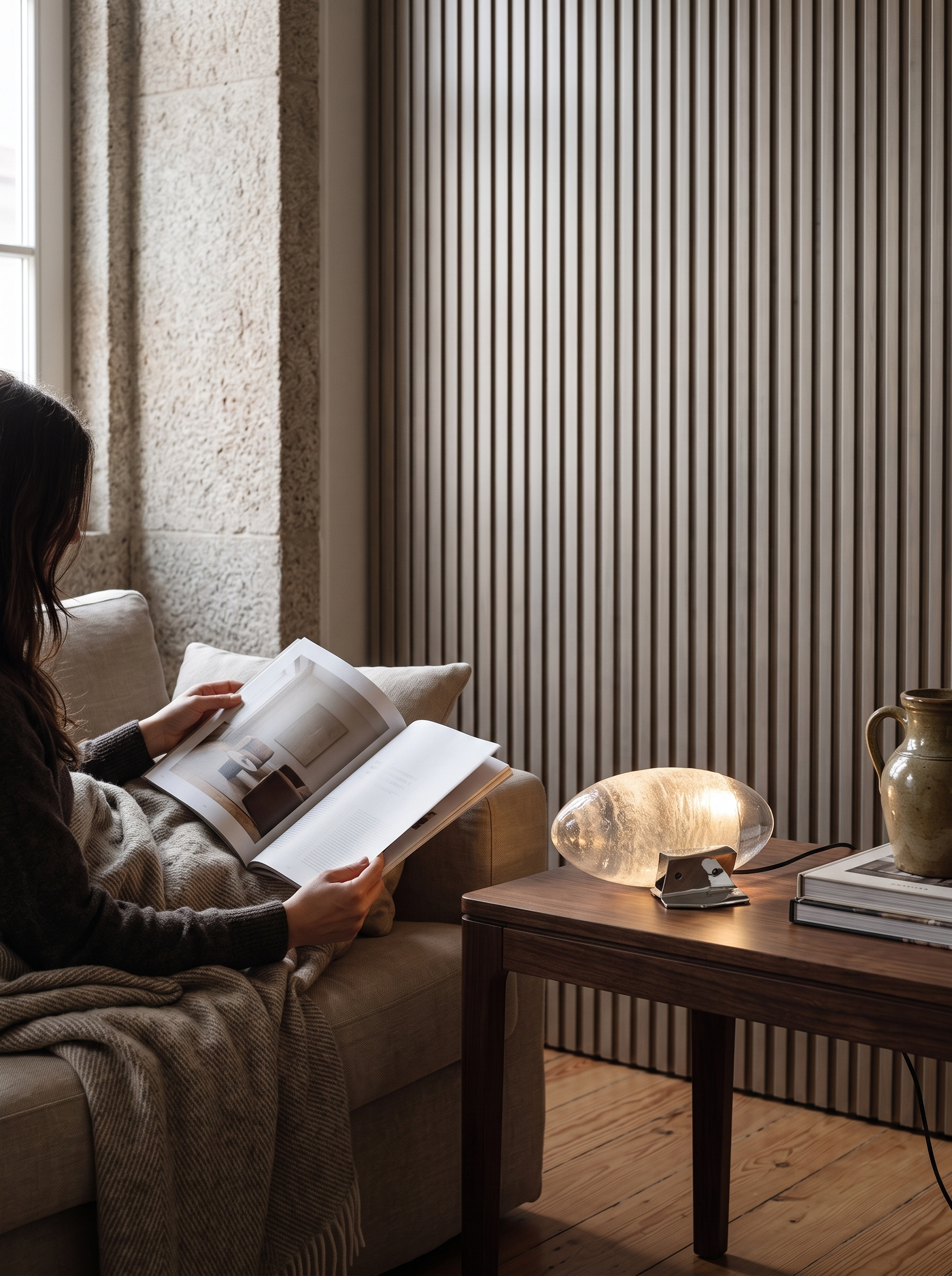Lithea crystal glass oval table lamp lit beside a linen sofa in a furnished sitting room