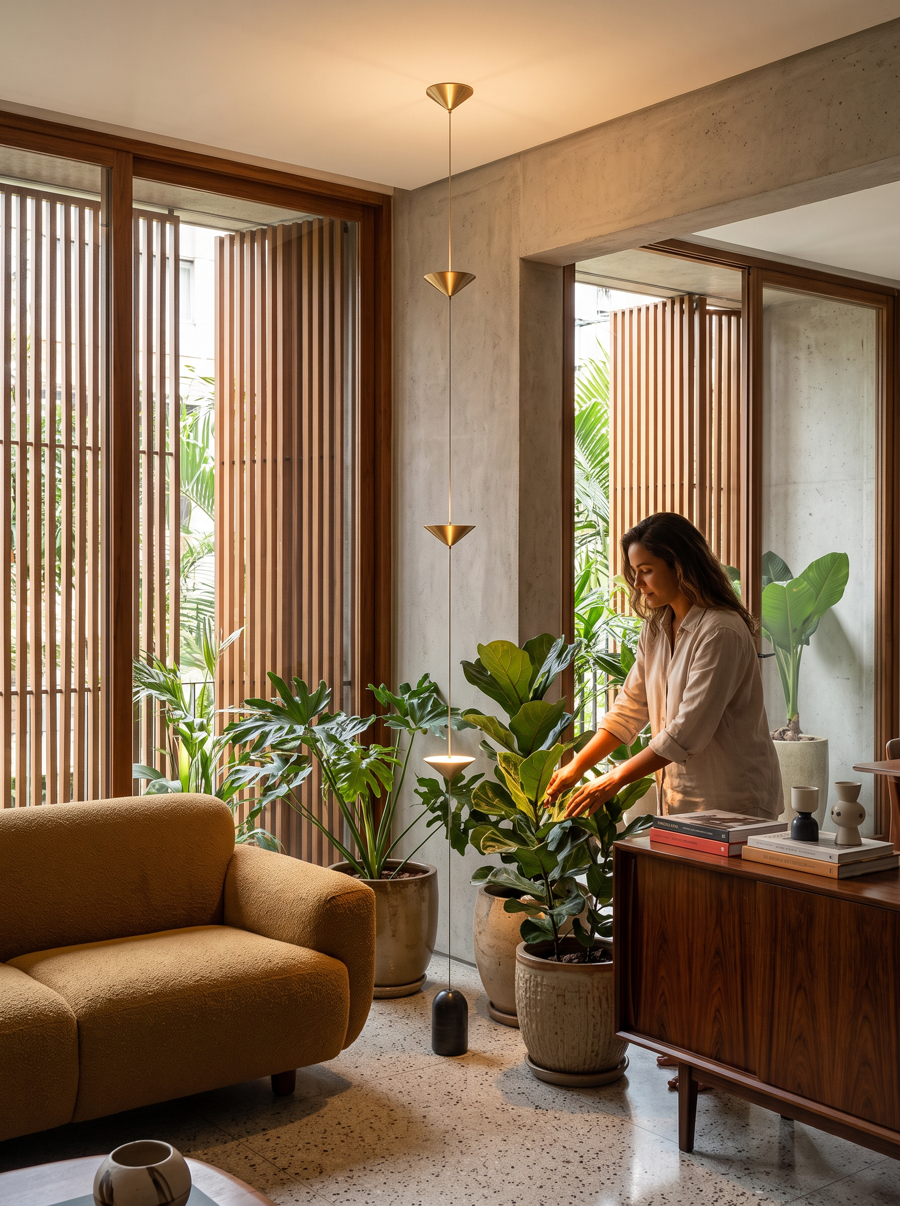 Ouranie tension cable floor lamp lit in a furnished modernist living room