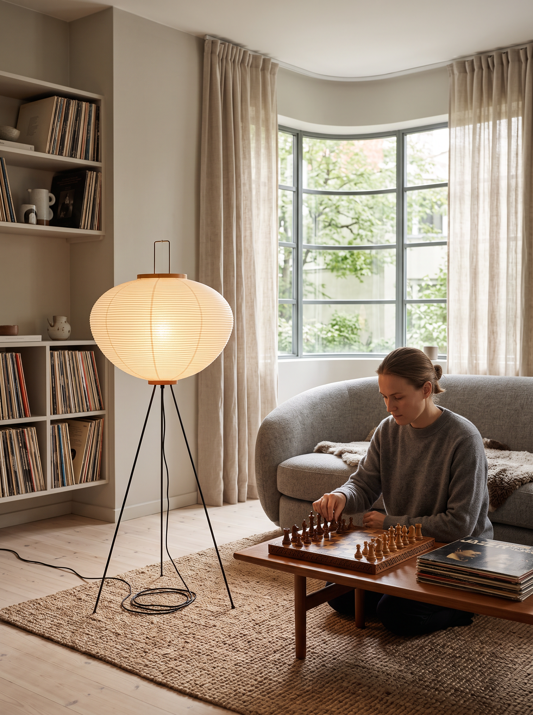 Phoibe washi paper lantern floor lamp lit in a furnished living room
