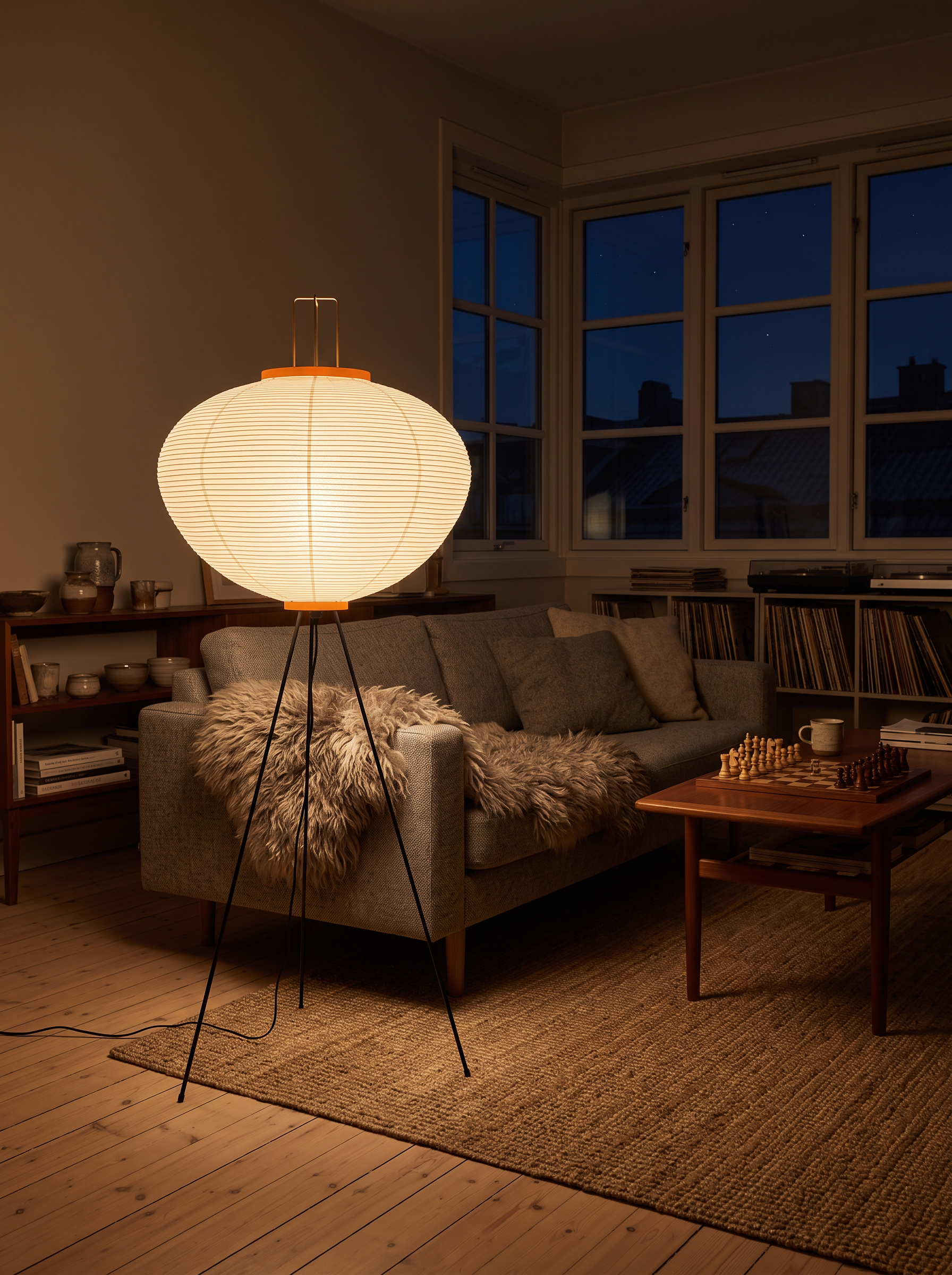 Phoibe washi paper lantern floor lamp as the only light in a living room at night