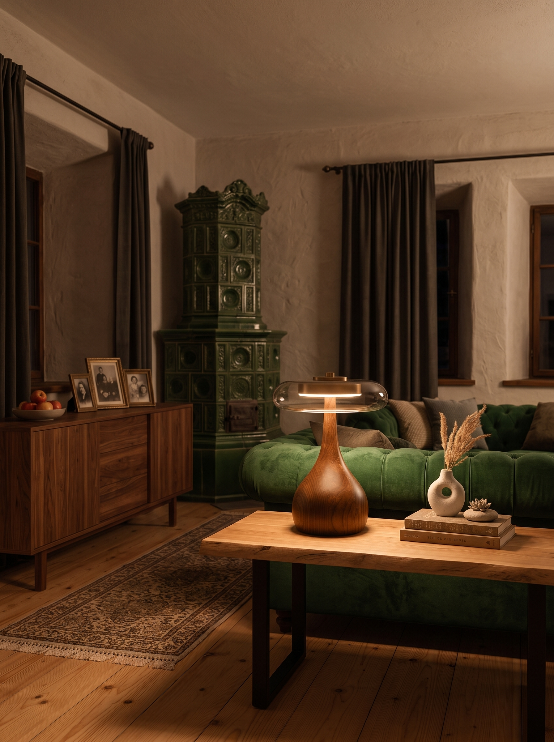 Elektra amber glass table lamp as the only light in a living room at night