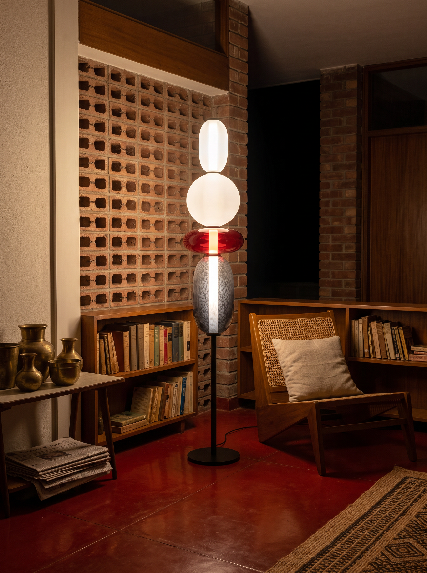 Speio hand blown glass floor lamp as the only light in a living room at night