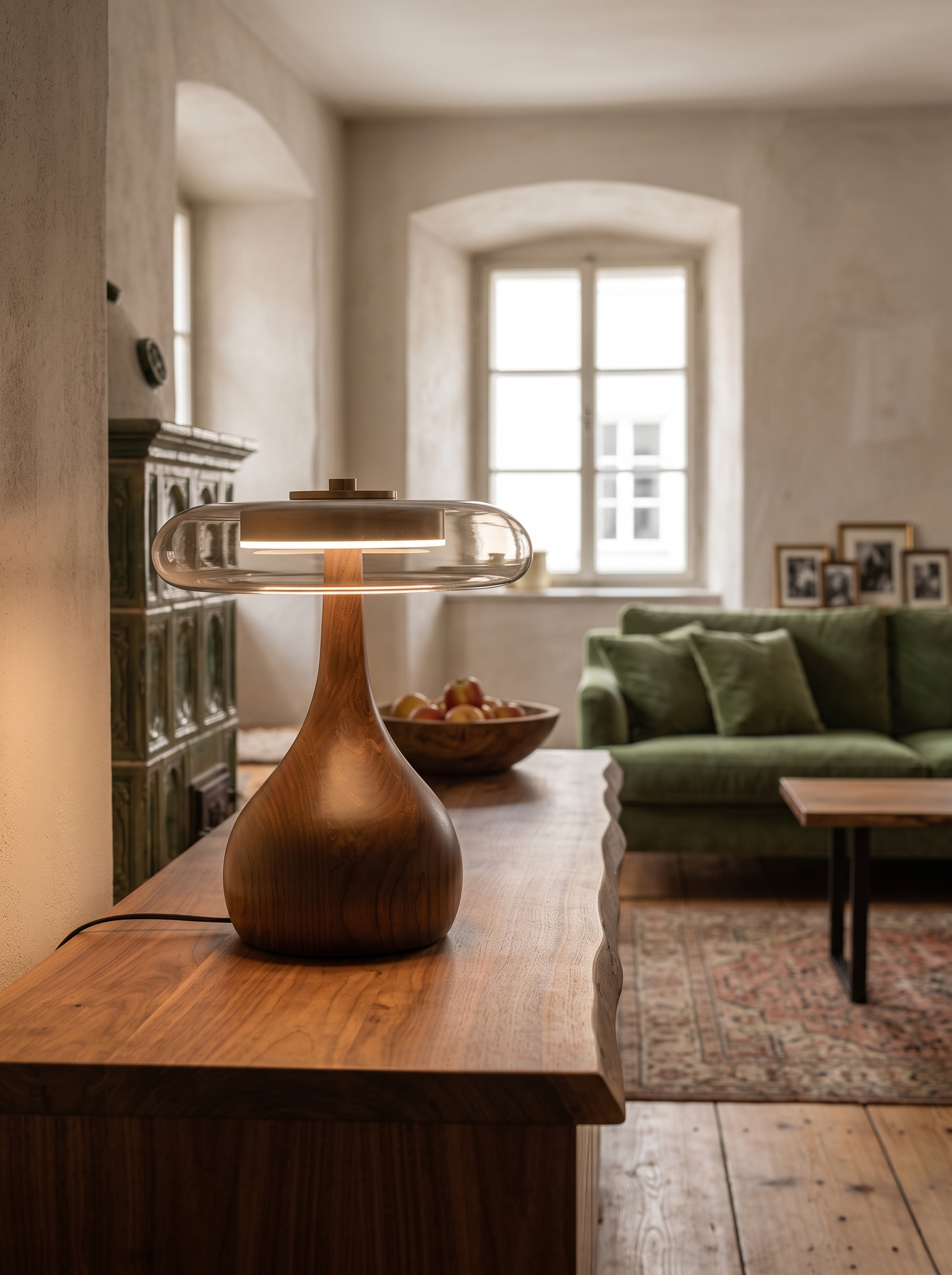 Elektra curved wood and amber glass table lamp close on a walnut sideboard