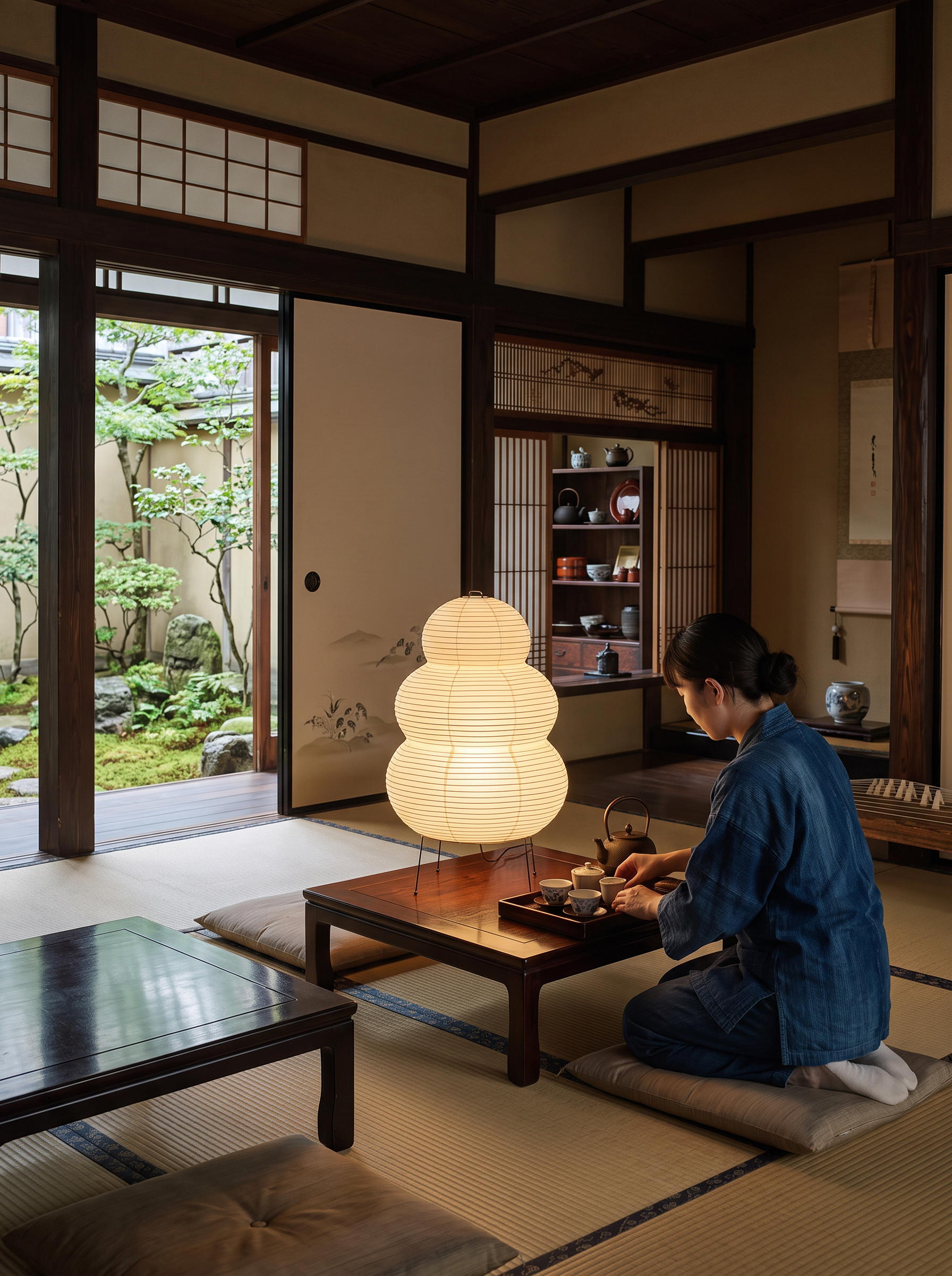 Leuke handmade washi paper lantern table lamp lit on a low table in a furnished room