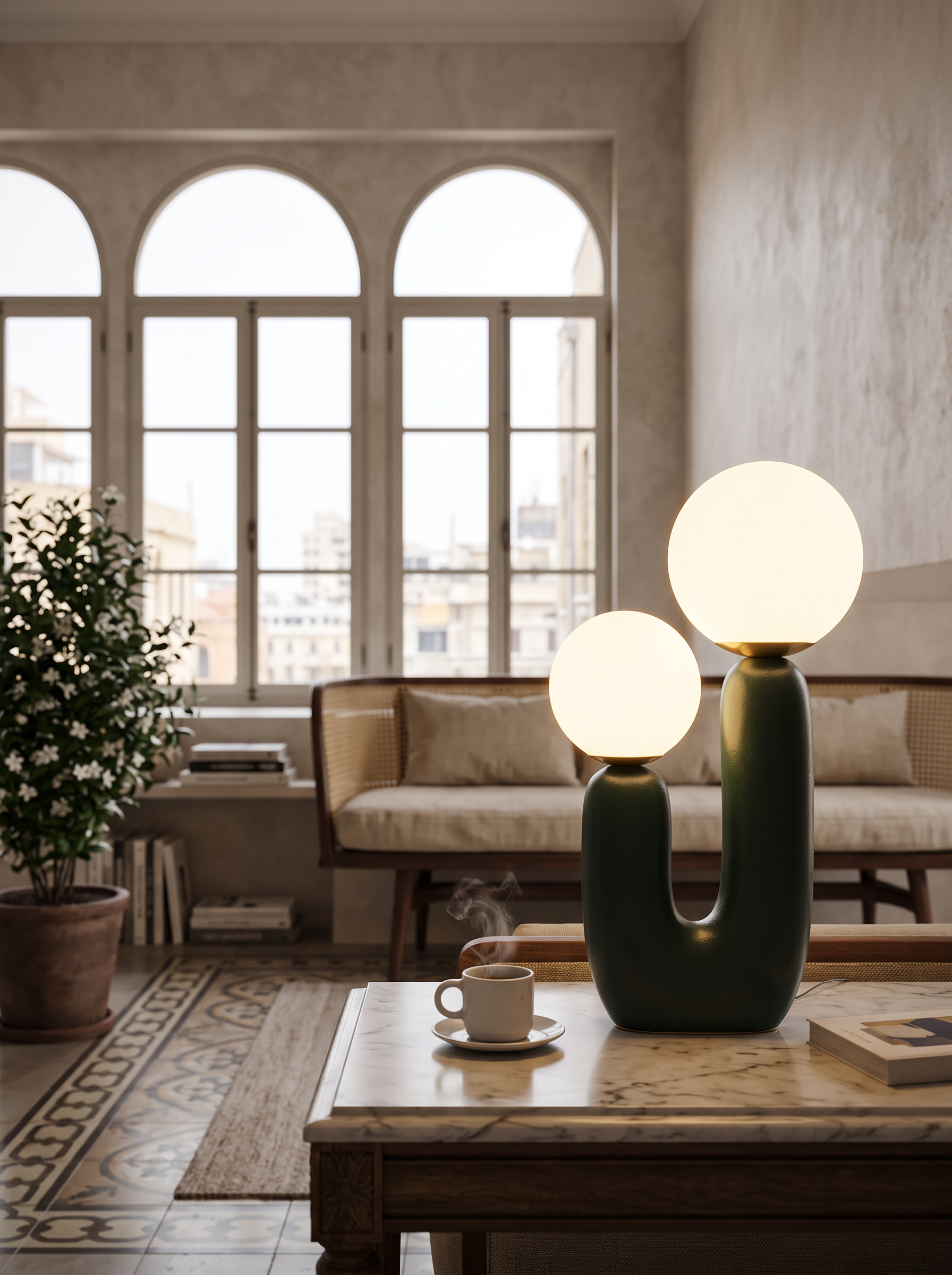 Kore resin and white glass globe table lamp close on a marble topped console