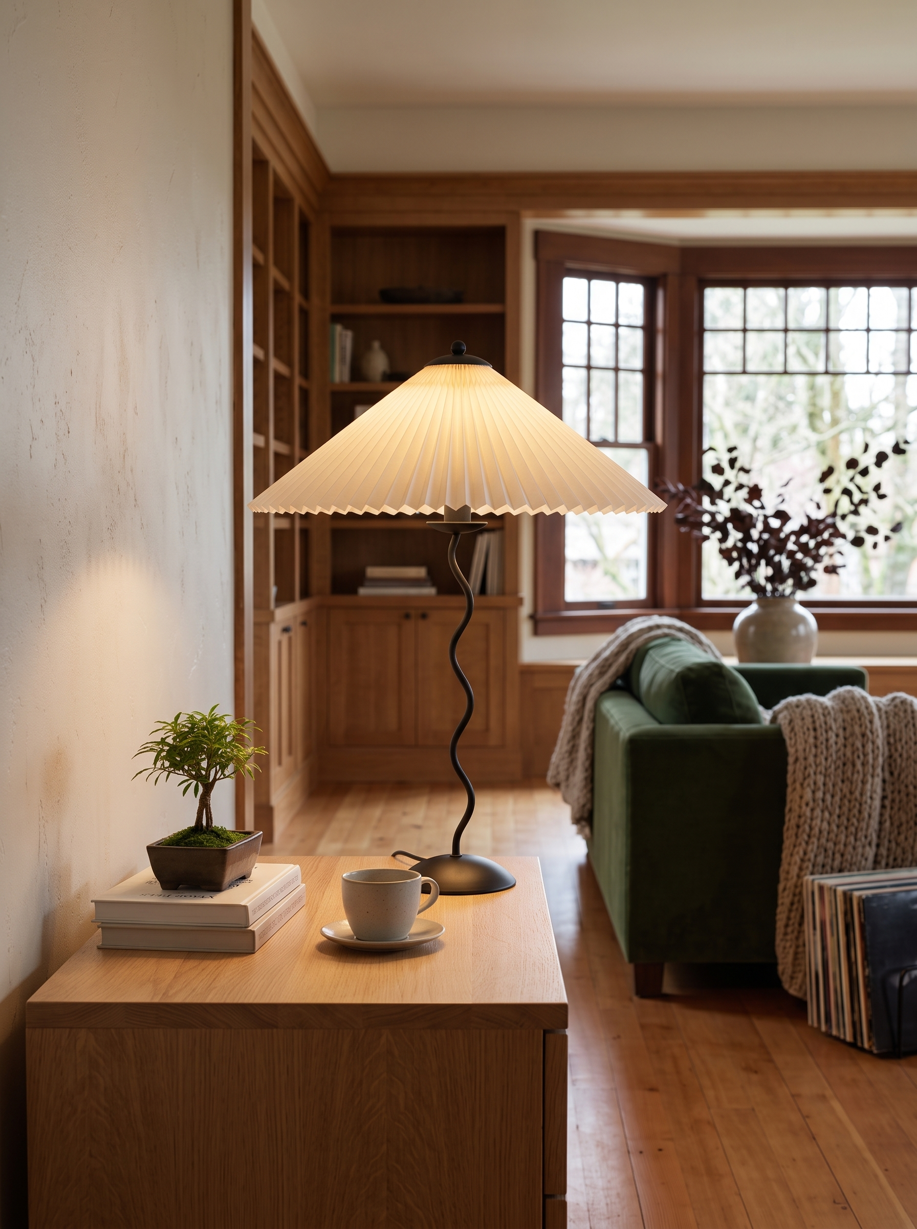 Oreithyia wavy stem pleated shade table lamp close on a low oak console