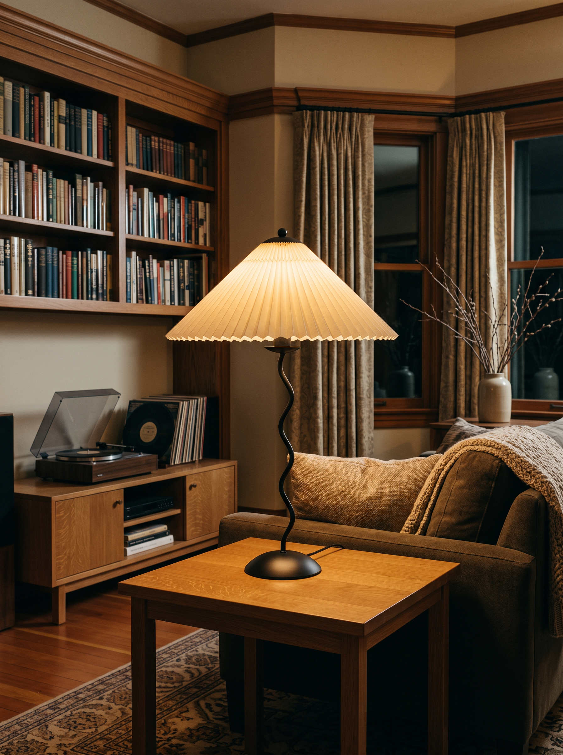 Oreithyia pleated shade table lamp as the only light in a living room at night