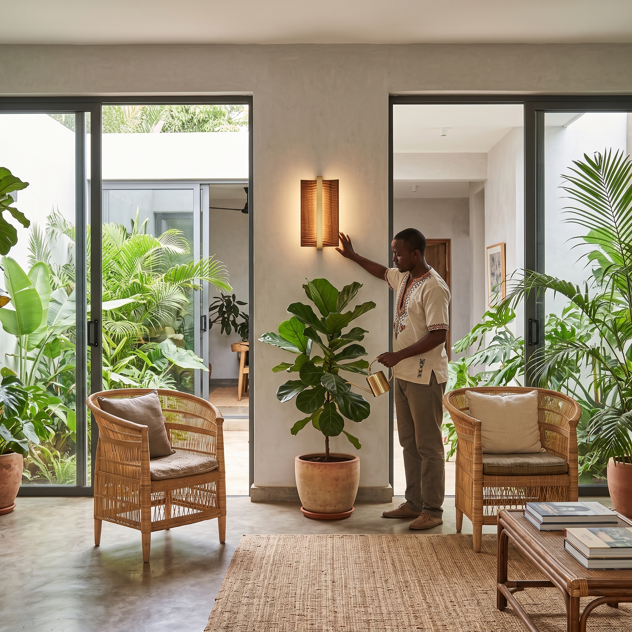 Amatheia Wood and Iron Wall Light lit in a Nairobi courtyard house living room