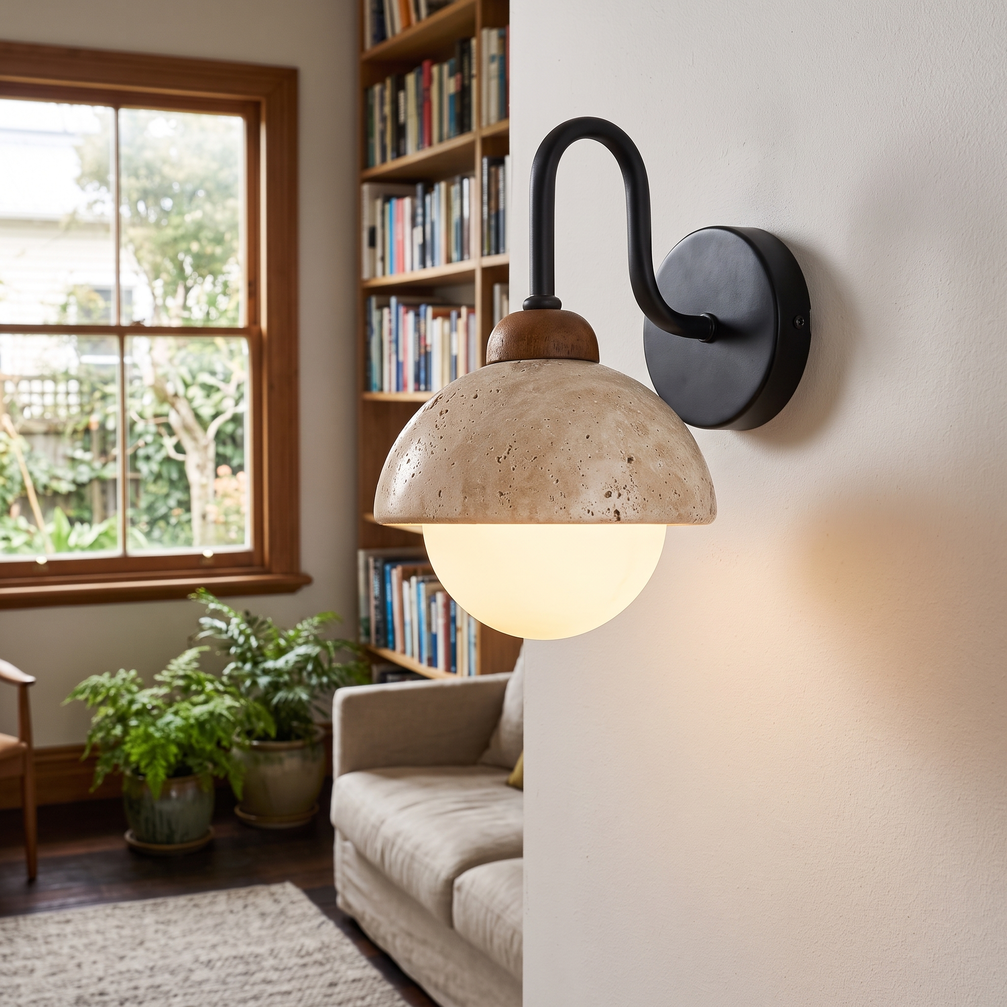 Aigina Curved Travertine Wall Light shown close in a Wellington villa living room