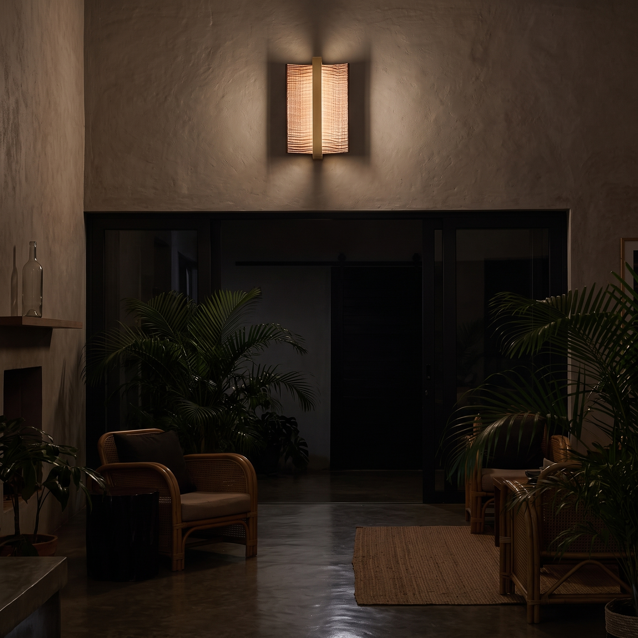 Amatheia Wood and Iron Wall Light lit at night in a Nairobi courtyard house living room