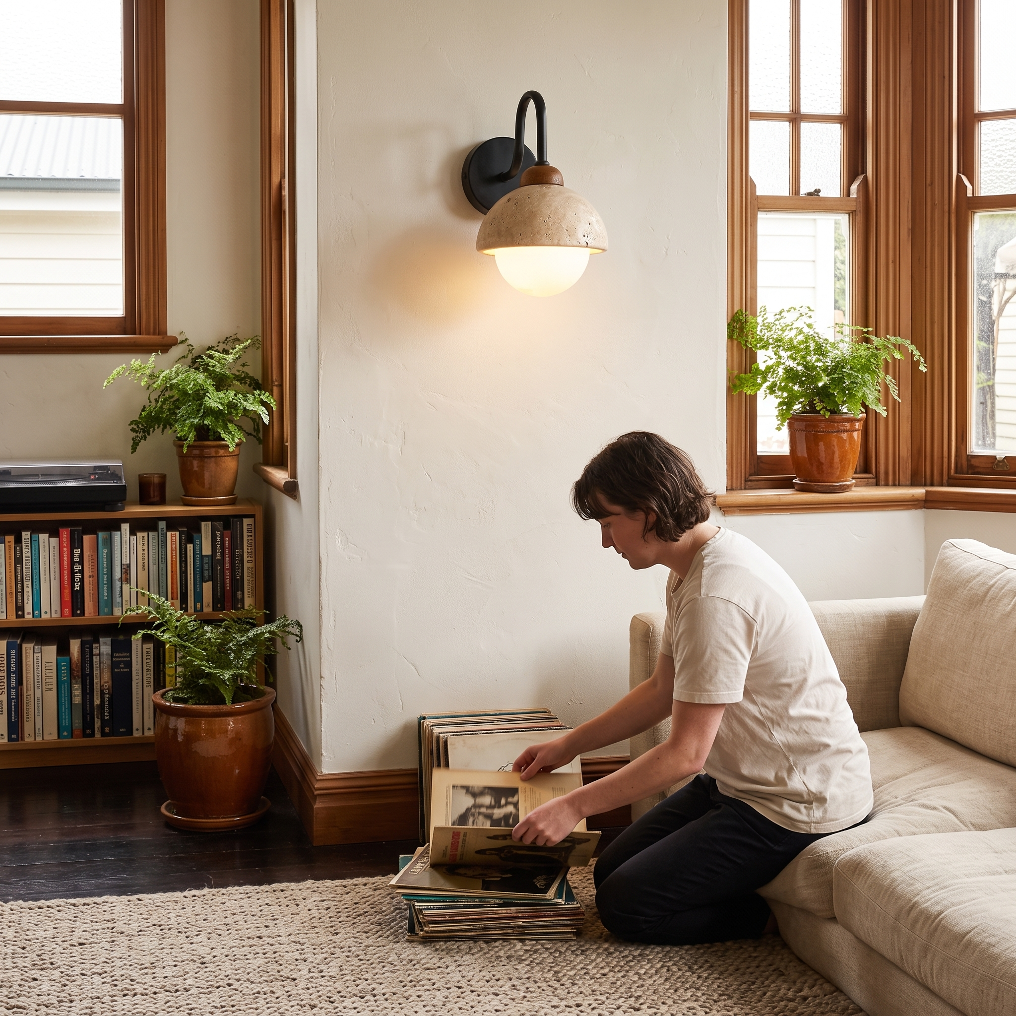Aigina Curved Travertine Wall Light lit in a Wellington villa living room