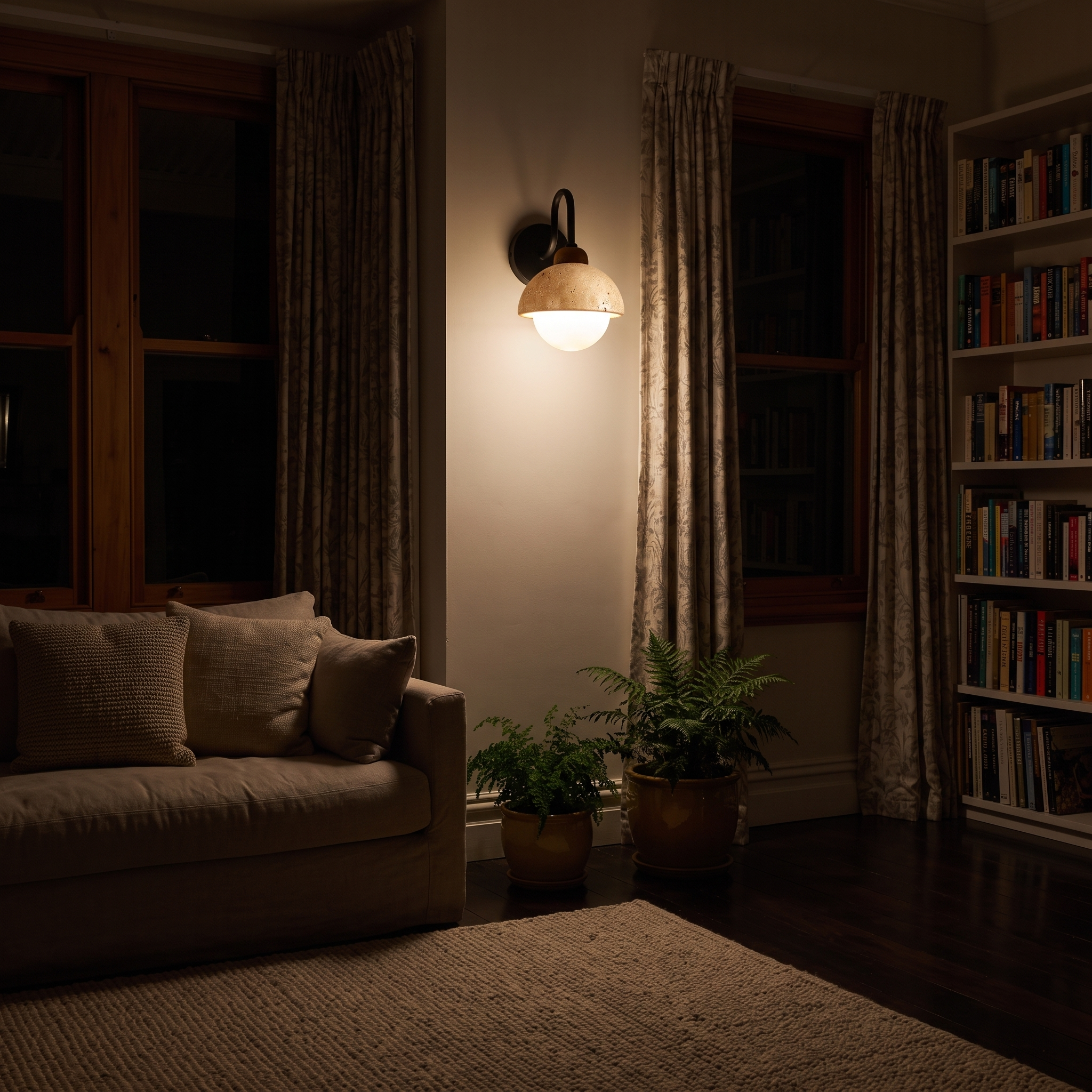 Aigina Curved Travertine Wall Light lit at night in a Wellington villa living room