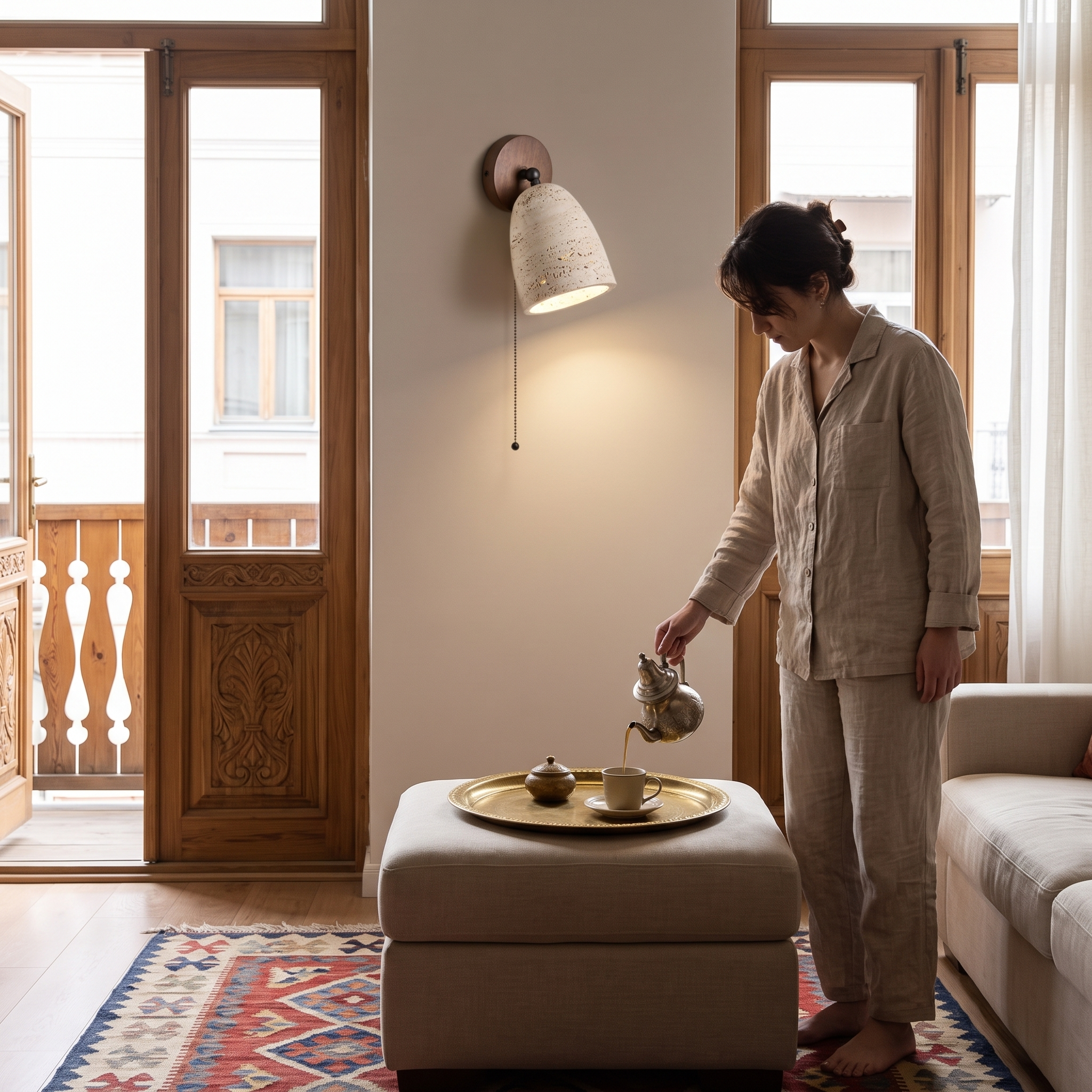 Aktaia Travertine and Walnut Pivoting Sconce lit in a Tbilisi old town apartment living room