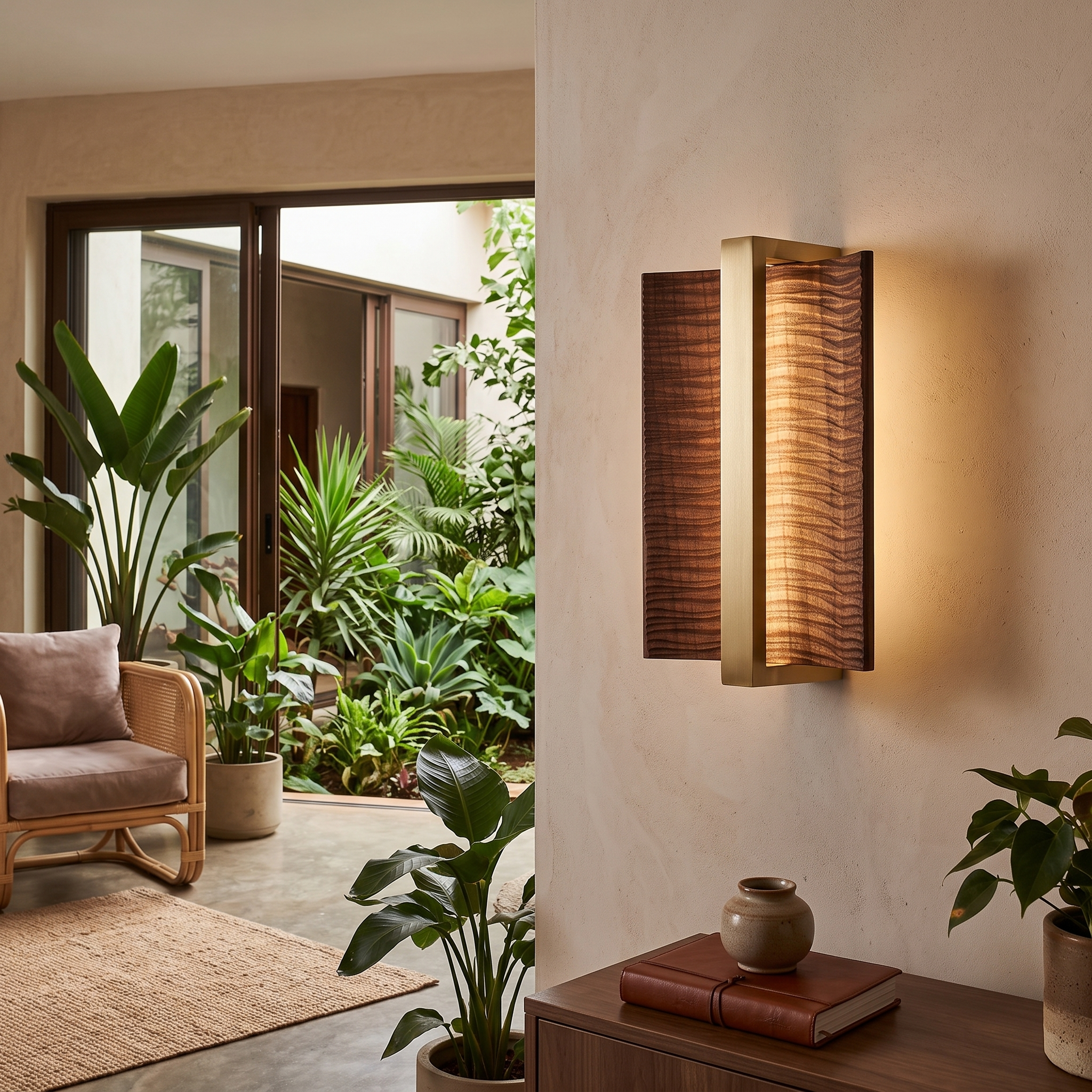 Amatheia Wood and Iron Wall Light shown close in a Nairobi courtyard house living room