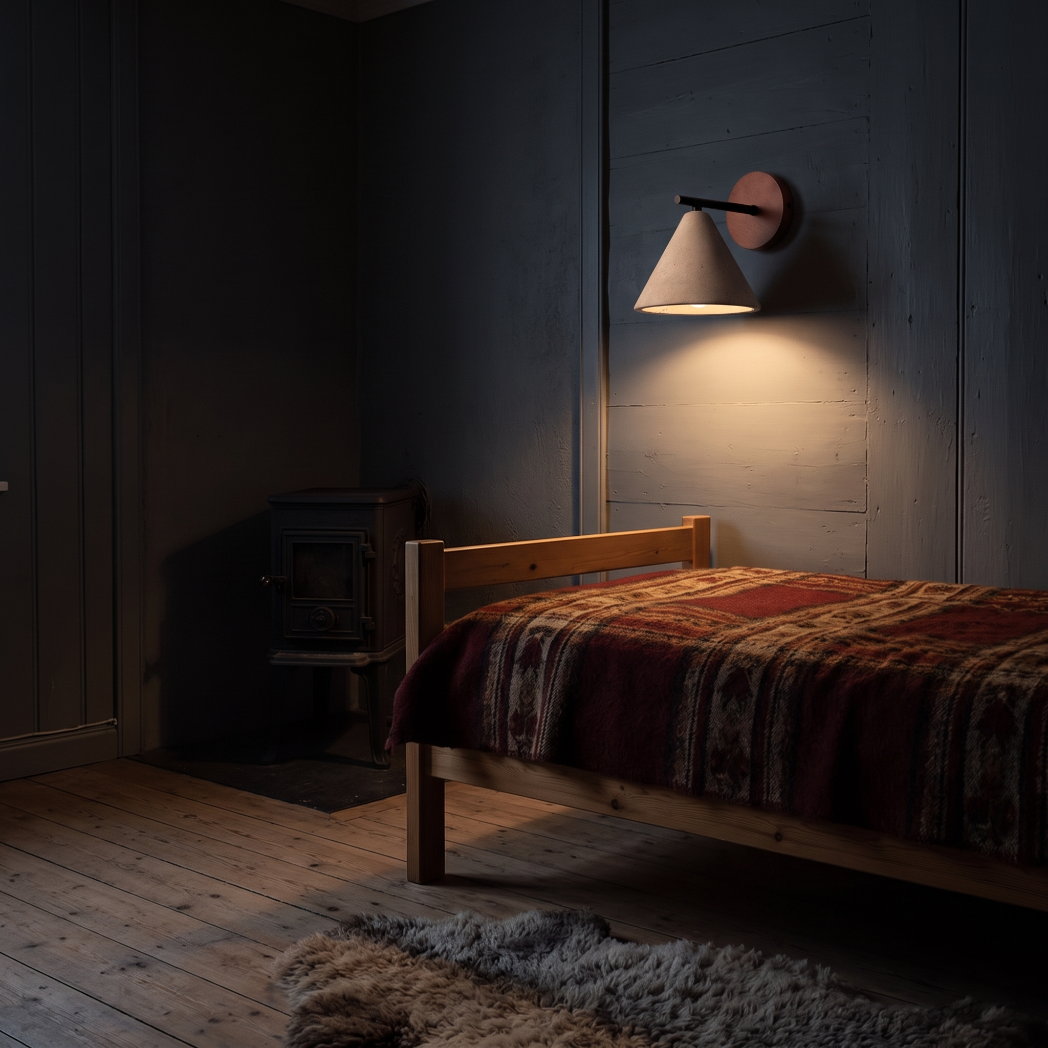 Boreas Conical Travertine Wall Light lit at night in a Bergen wooden house bedroom
