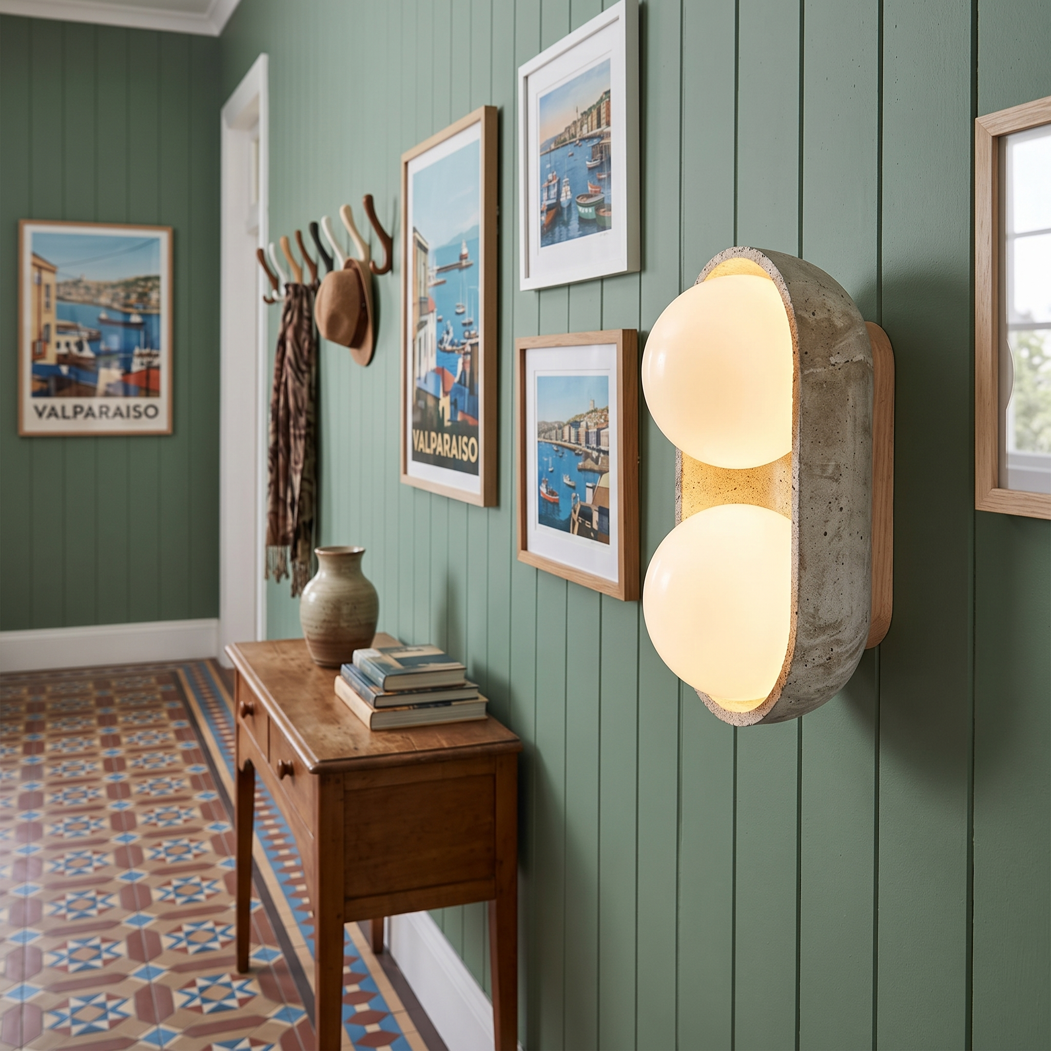 Amphion Travertine and Wood Trio Wall Sconce shown close in a Valparaiso hillside house hallway
