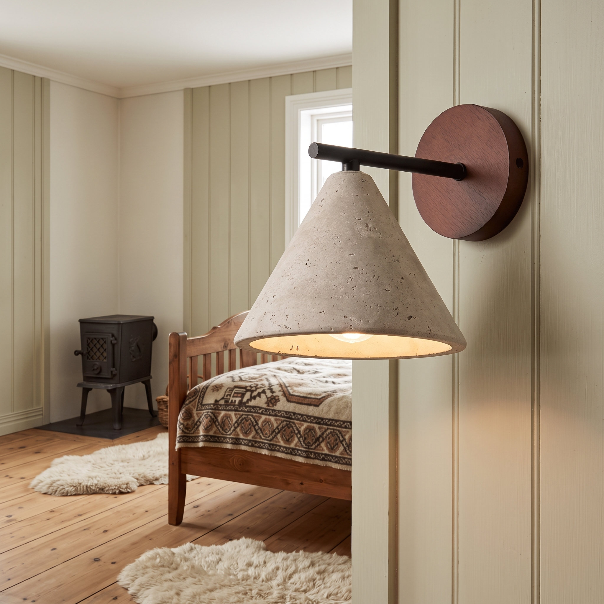 Boreas Conical Travertine Wall Light shown close in a Bergen wooden house bedroom