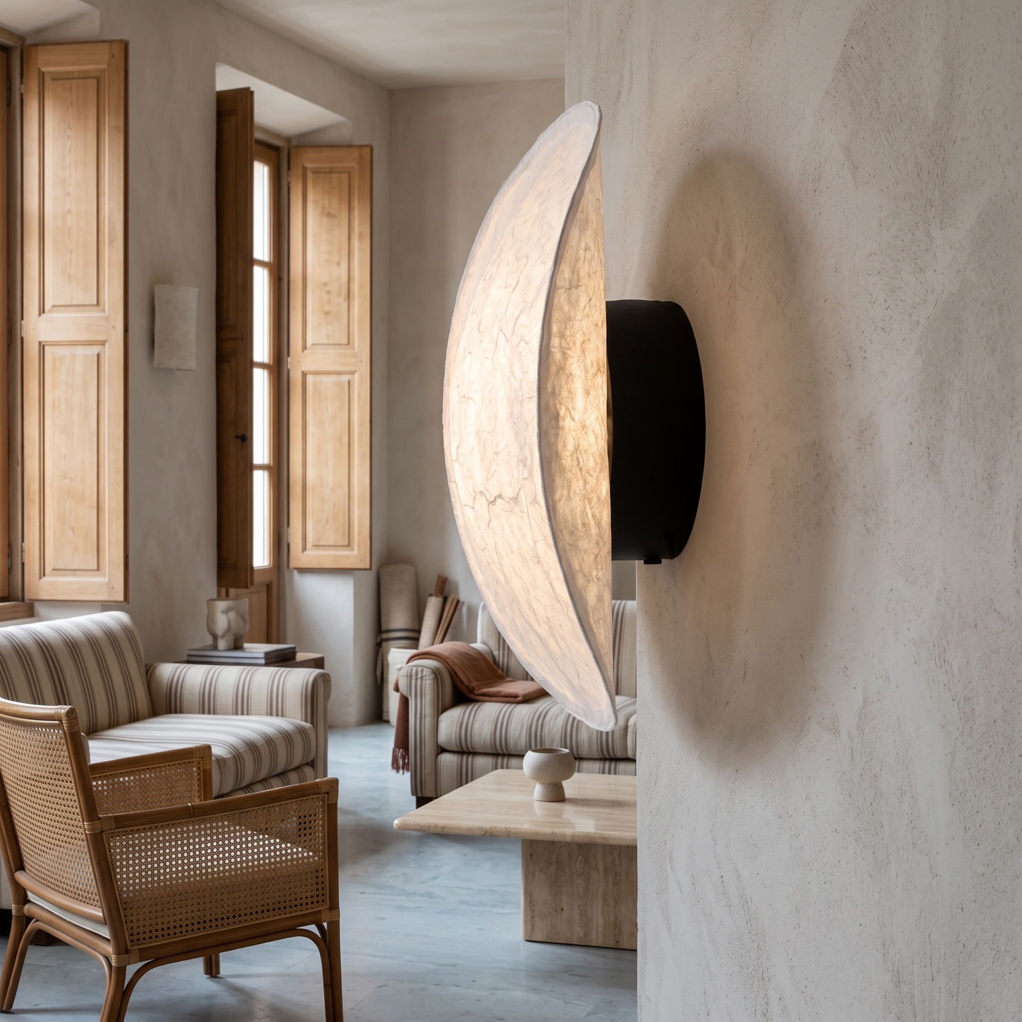 Ananke Cloudlike Paper and Metal Wall Lamp shown close in an Antibes Riviera apartment living room