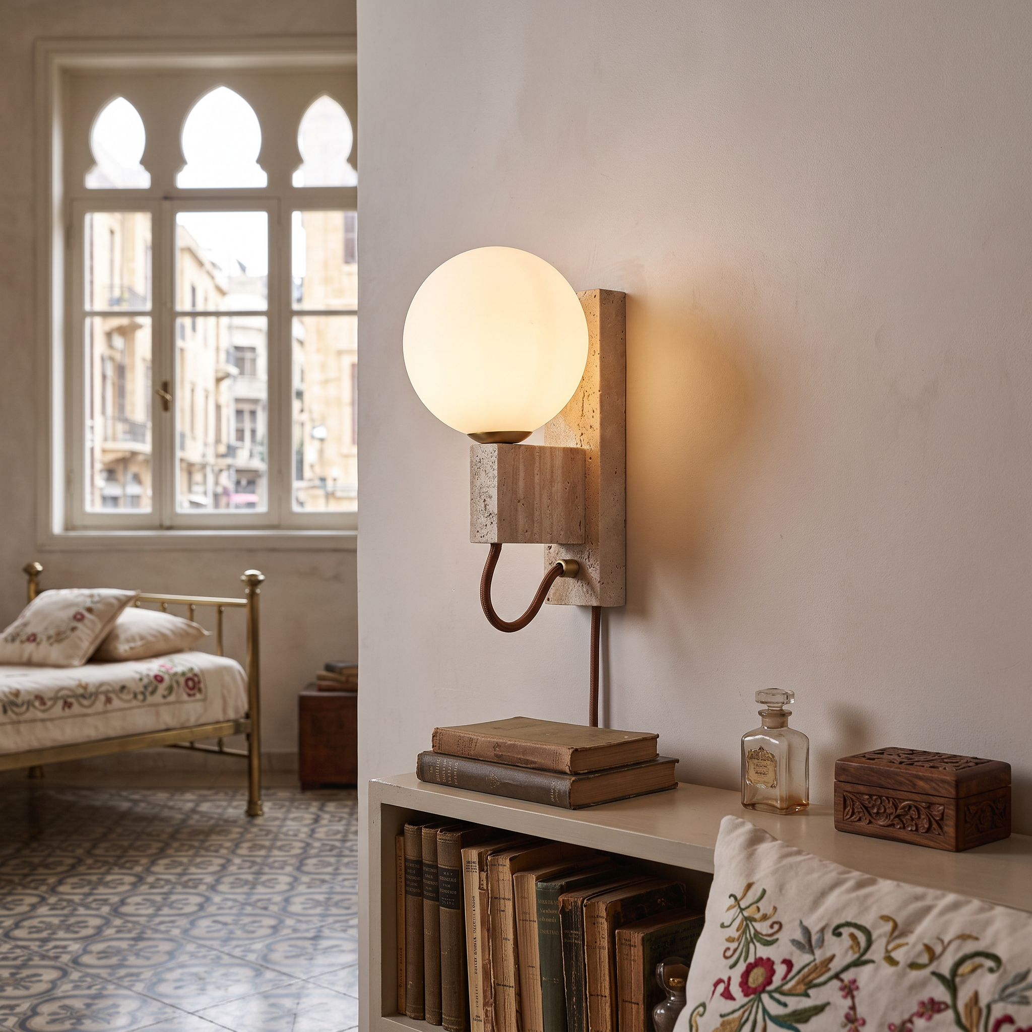 Dione Travertine and Opal Globe Sconce shown close in a Beirut 1930s apartment bedroom