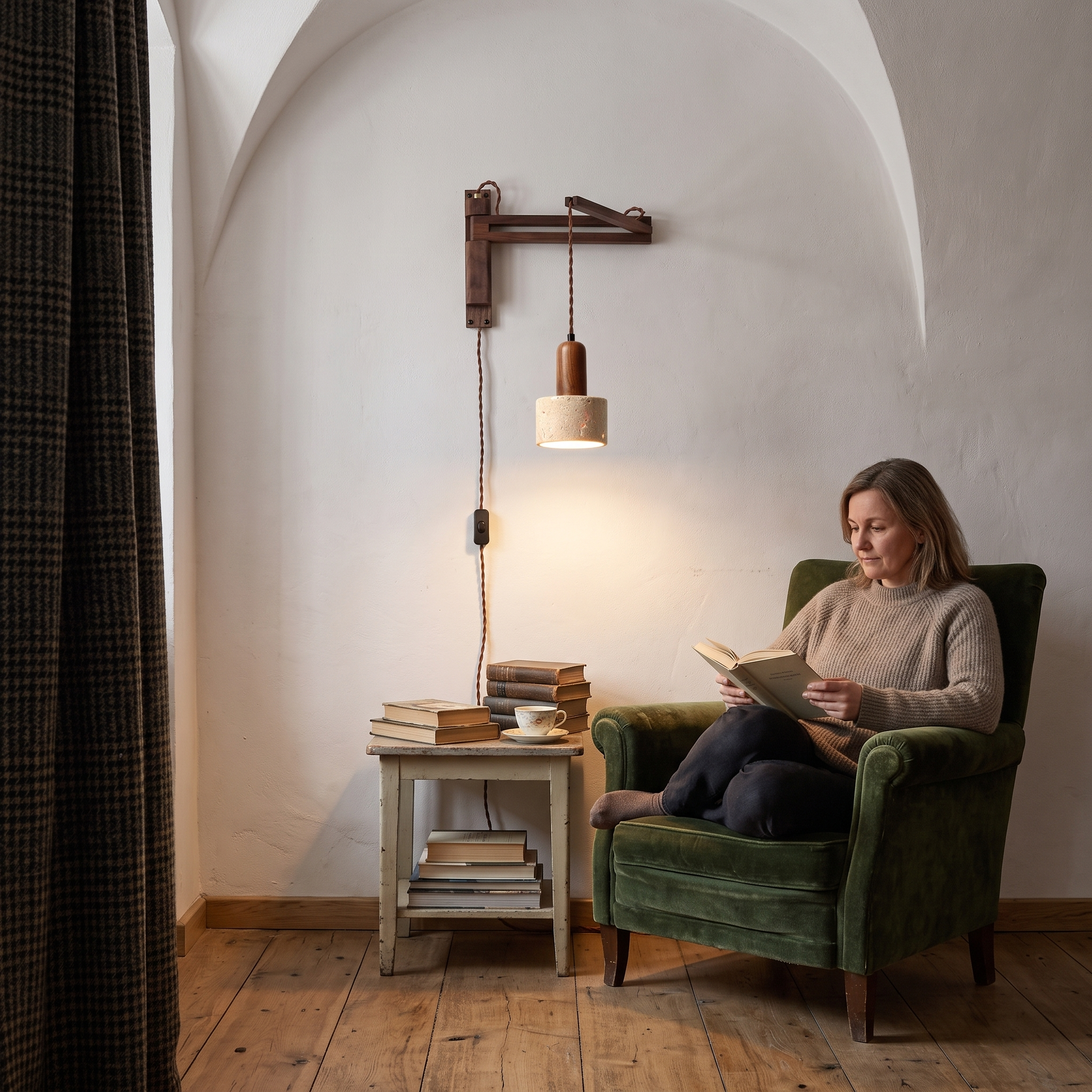 Eunike Travertine Dome Swing Arm Wall Lamp lit in a Vilnius old town apartment reading corner